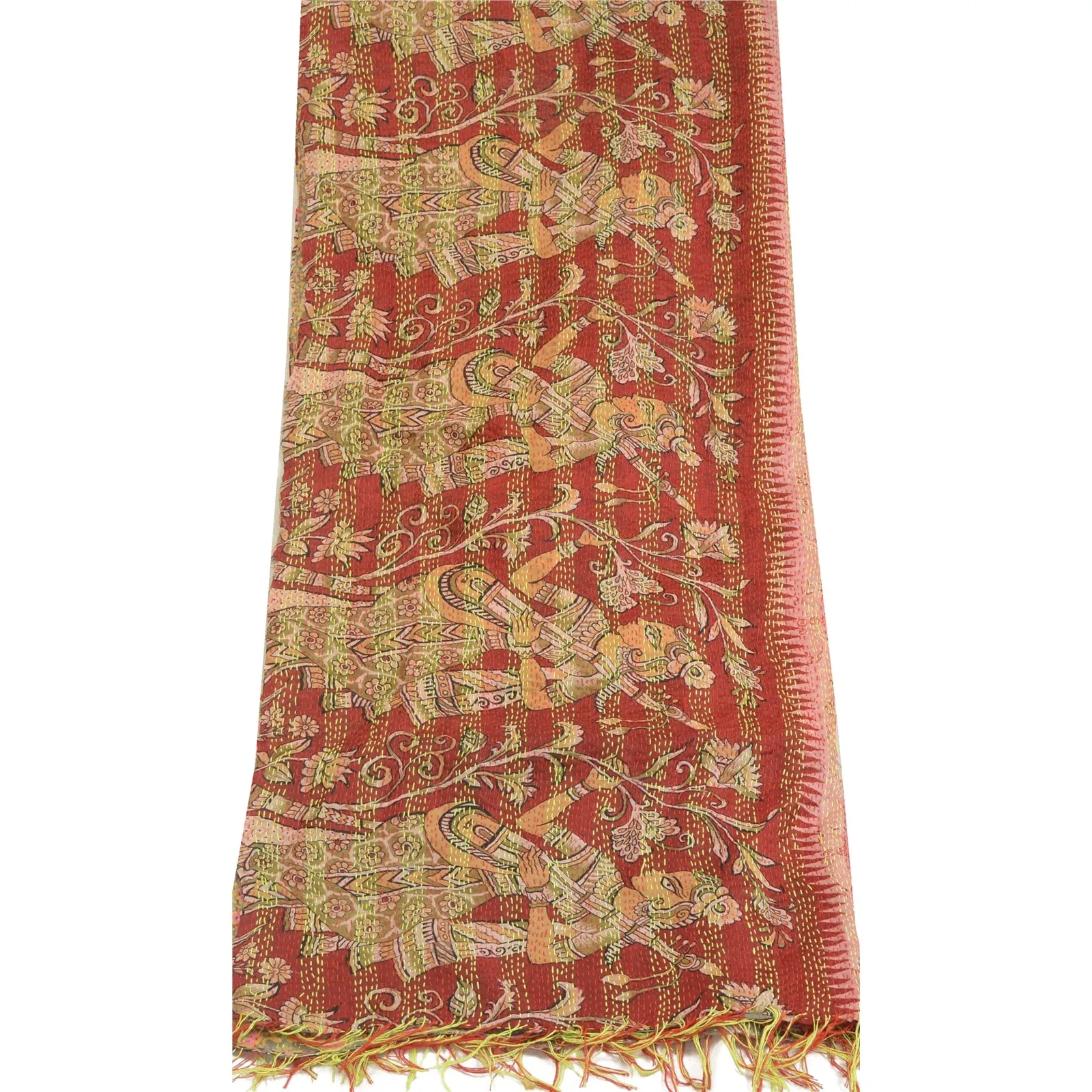 Sanskriti Vintage Dupatta Long Stole Pure Silk Dark Red/Pink Handmade Kantha