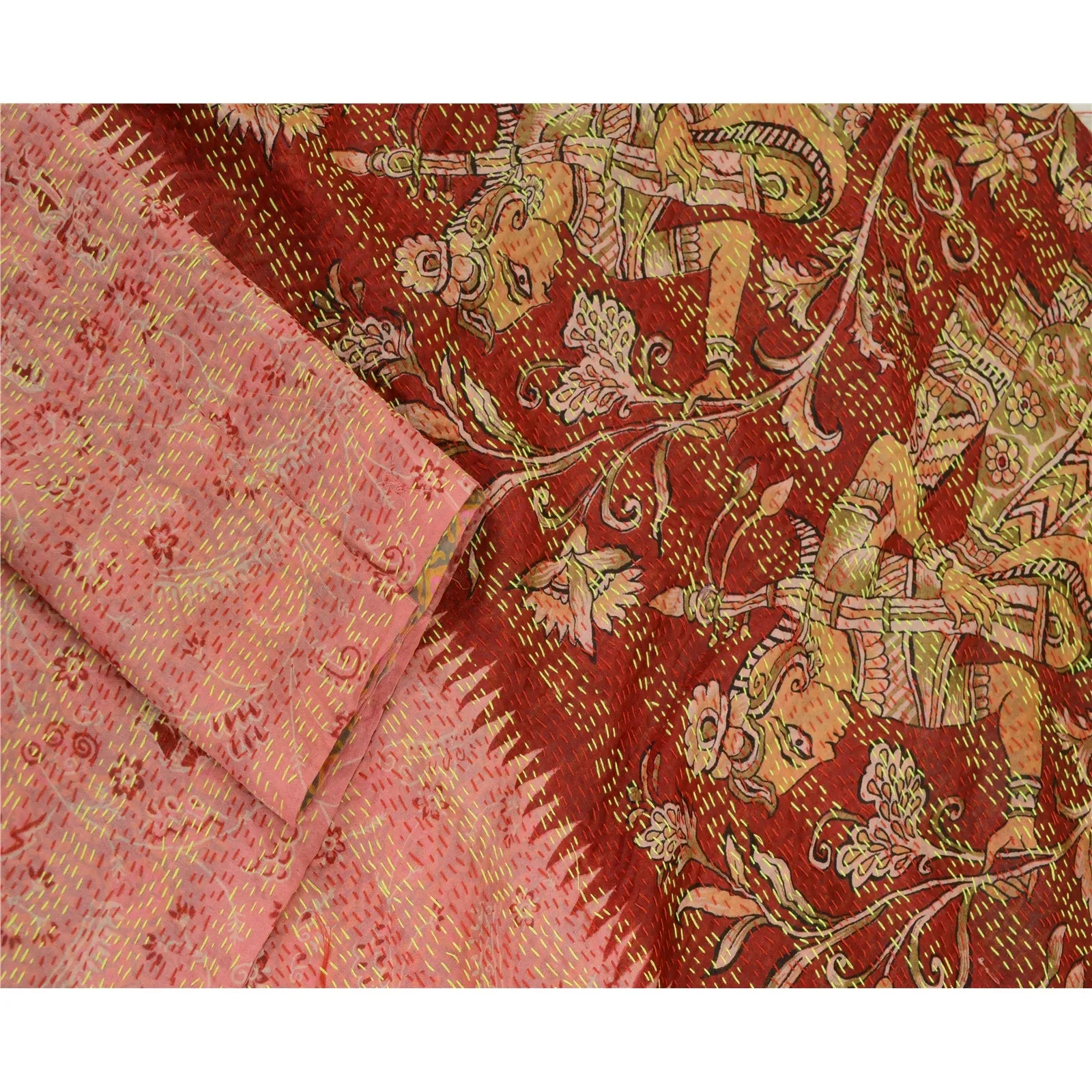 Sanskriti Vintage Dupatta Long Stole Pure Silk Dark Red/Pink Handmade Kantha