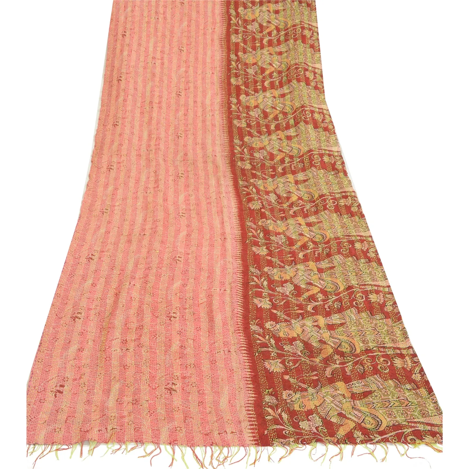 Sanskriti Vintage Dupatta Long Stole Pure Silk Dark Red/Pink Handmade Kantha