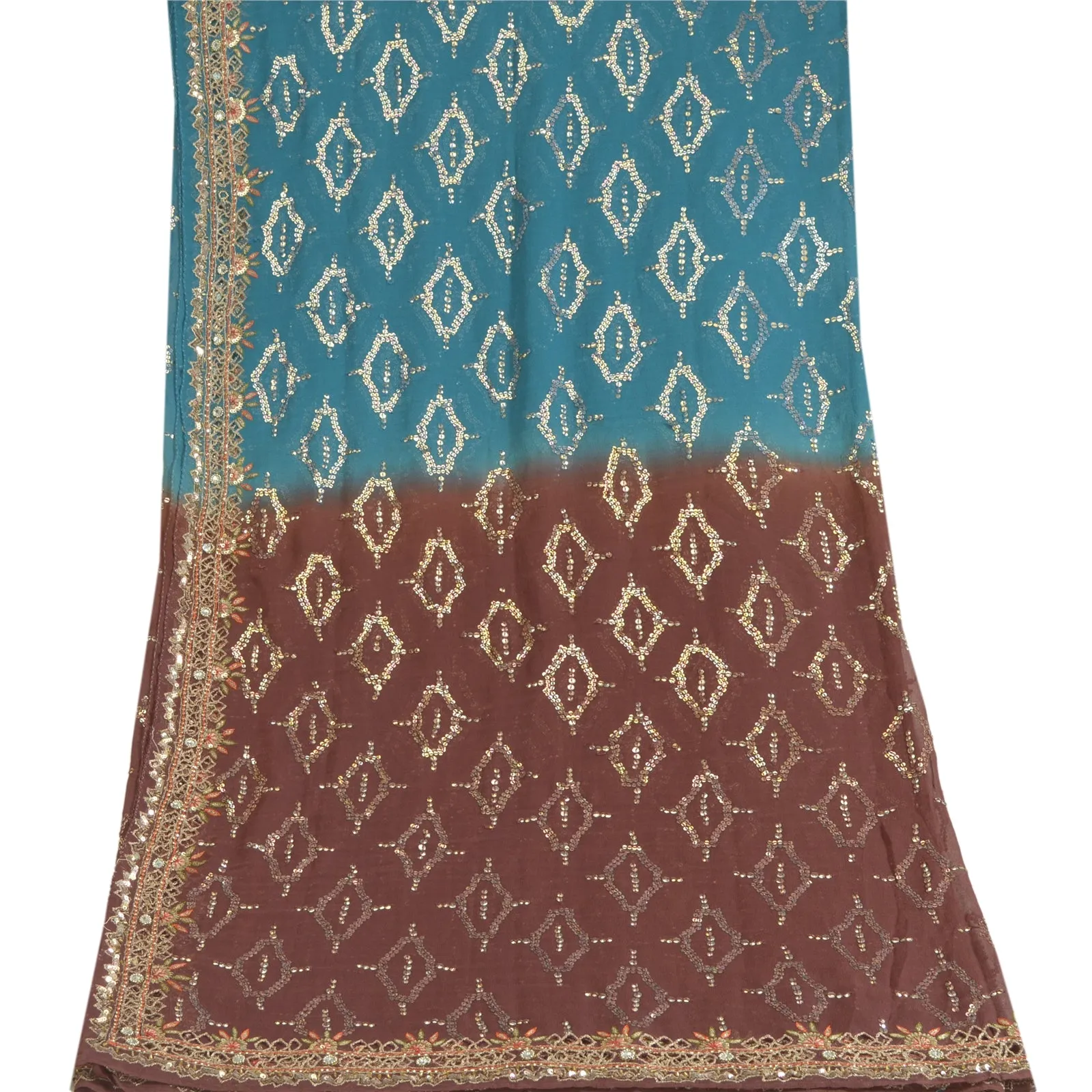 Sanskriti Vintage Long Brown/Blue Dupatta/Stole Pure Georgette Silk Hand Beaded