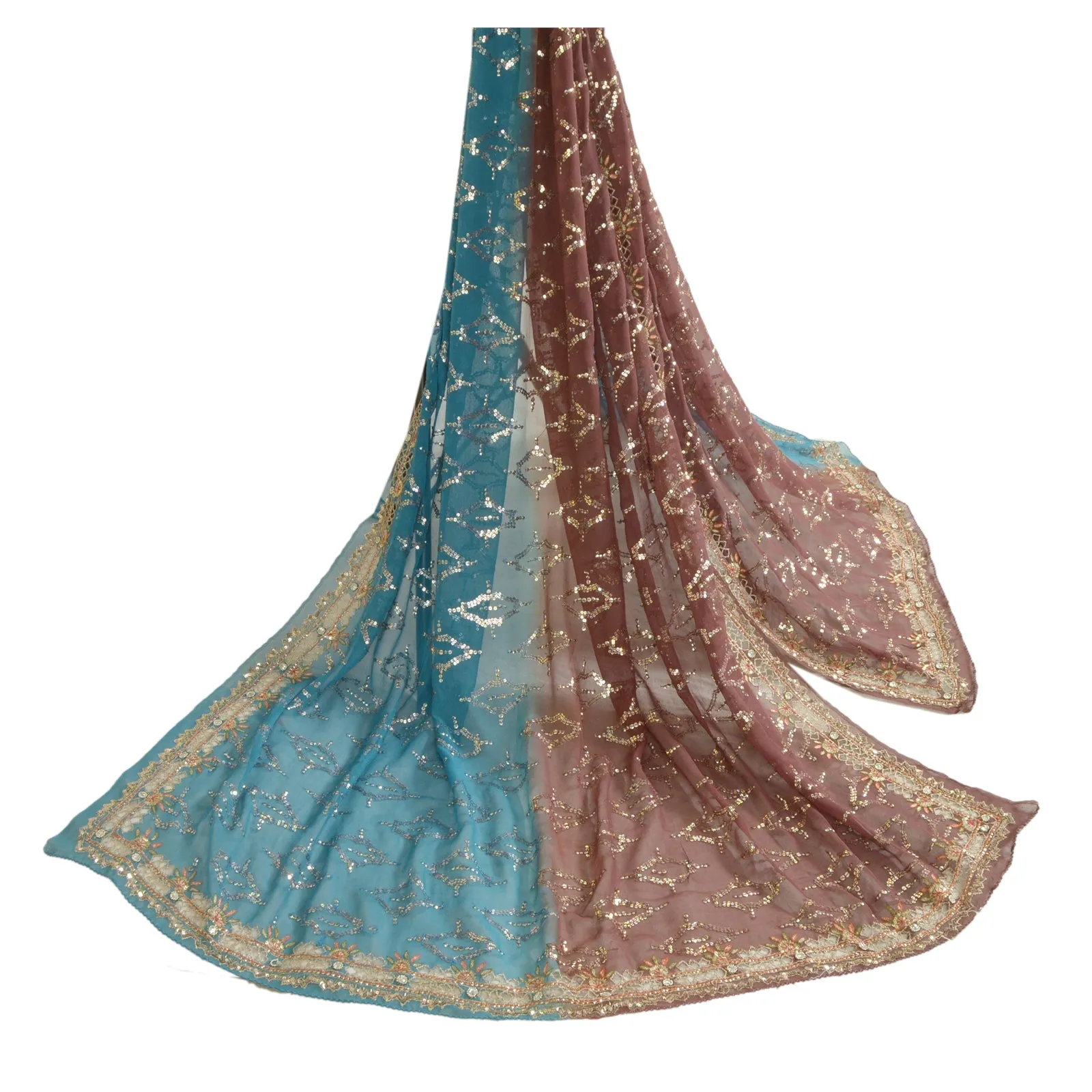 Sanskriti Vintage Long Brown/Blue Dupatta/Stole Pure Georgette Silk Hand Beaded