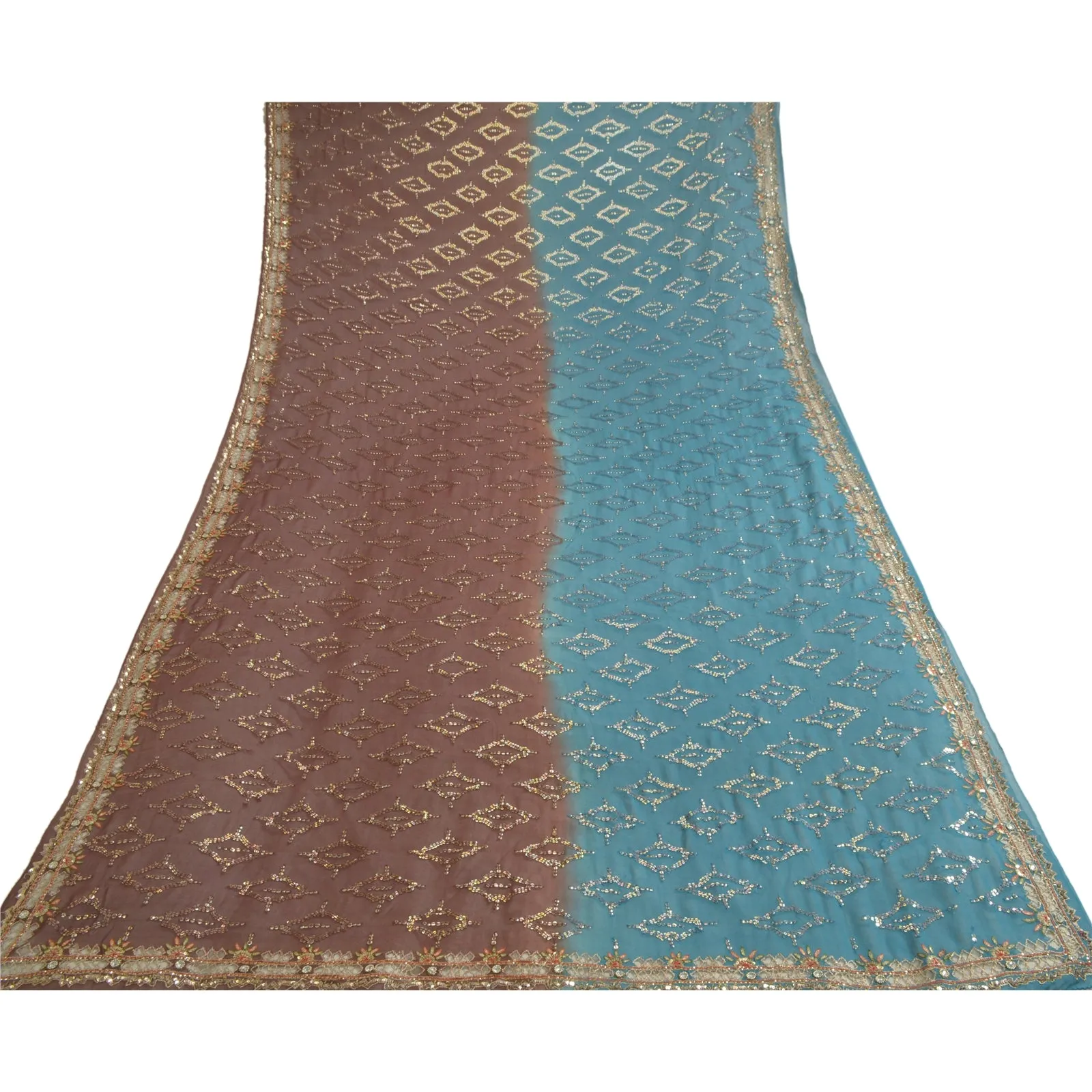 Sanskriti Vintage Long Brown/Blue Dupatta/Stole Pure Georgette Silk Hand Beaded