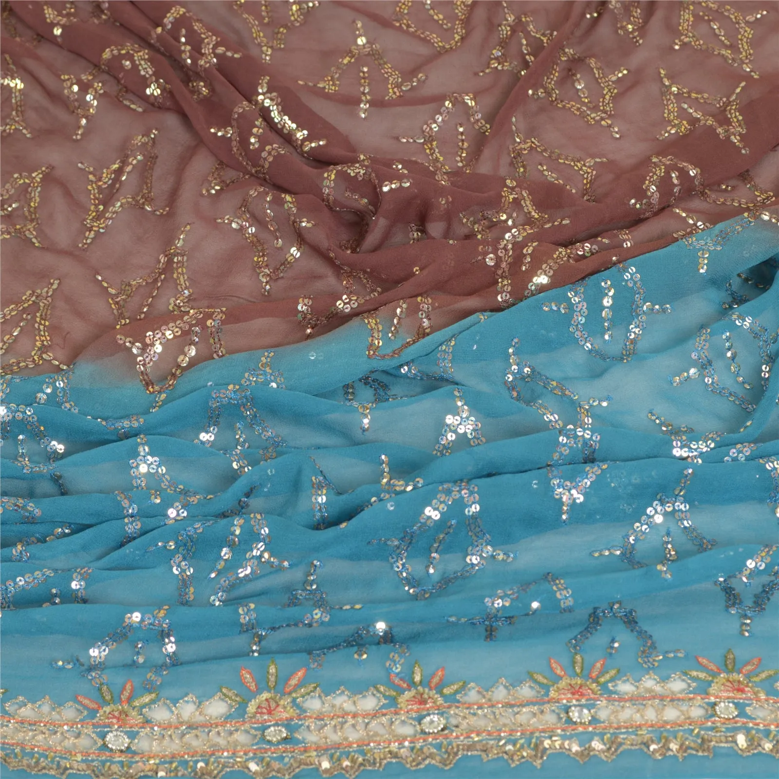 Sanskriti Vintage Long Brown/Blue Dupatta/Stole Pure Georgette Silk Hand Beaded