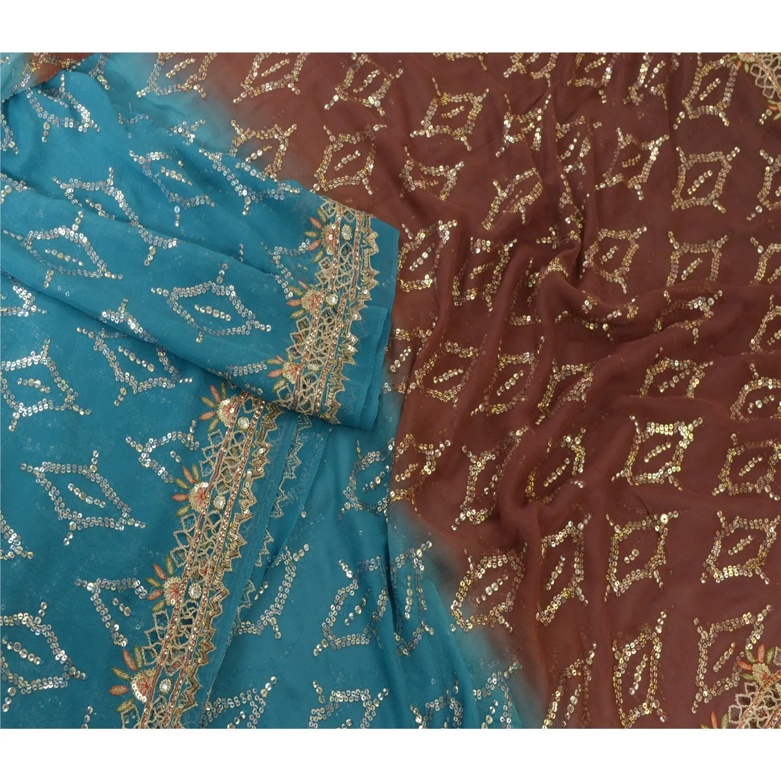 Sanskriti Vintage Long Brown/Blue Dupatta/Stole Pure Georgette Silk Hand Beaded