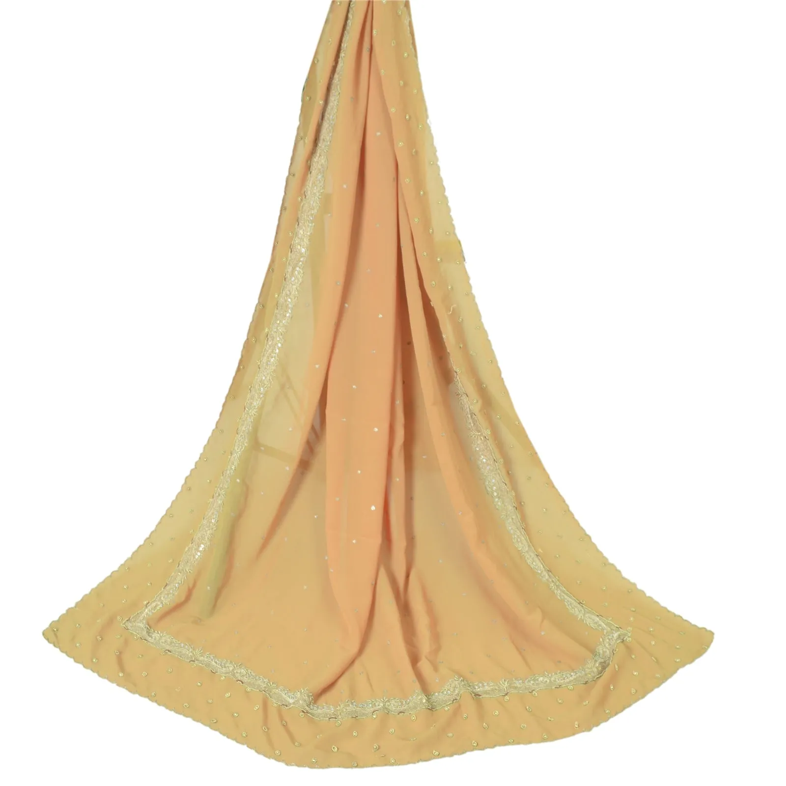 Sanskriti Vintage Long Cream Dupatta Pure Georgette Hand Bead Zardozi Stole Veil