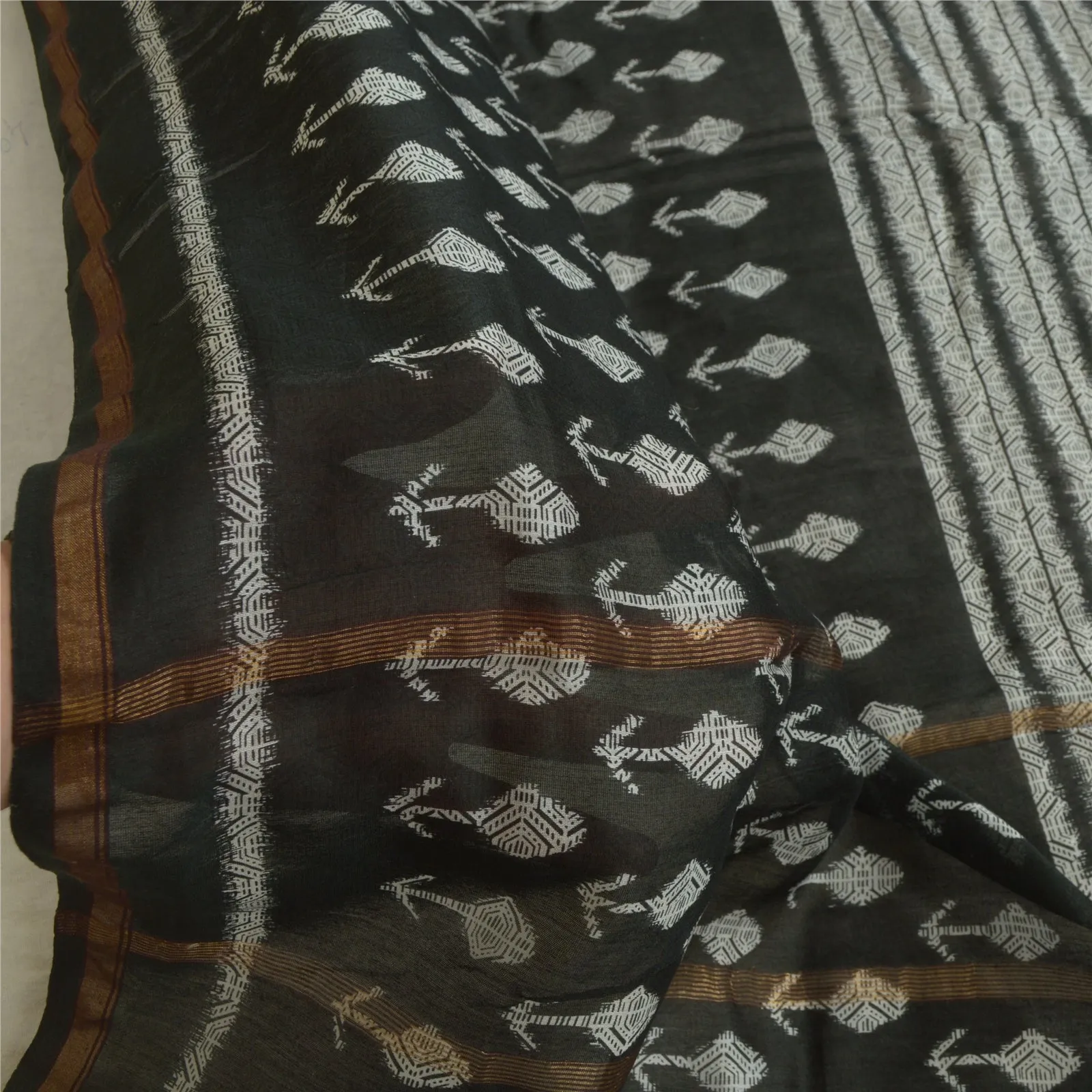 Sanskriti Vintage Long Dupatta Stole Cotton Silk Black/White Printed Wrap Hijab