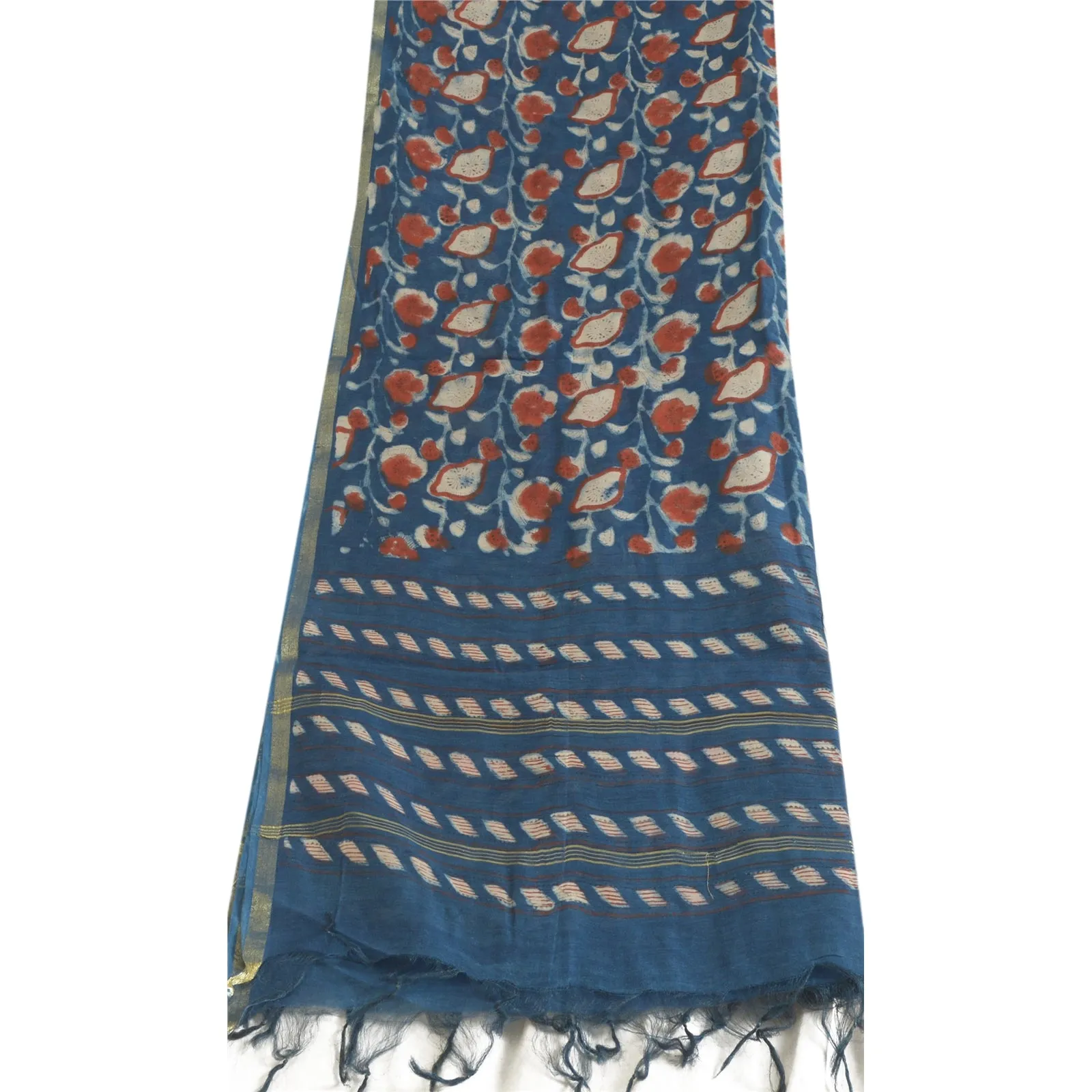 Sanskriti Vintage Long Dupatta Stole Cotton Silk Blue Hand-Block Printed Hijab