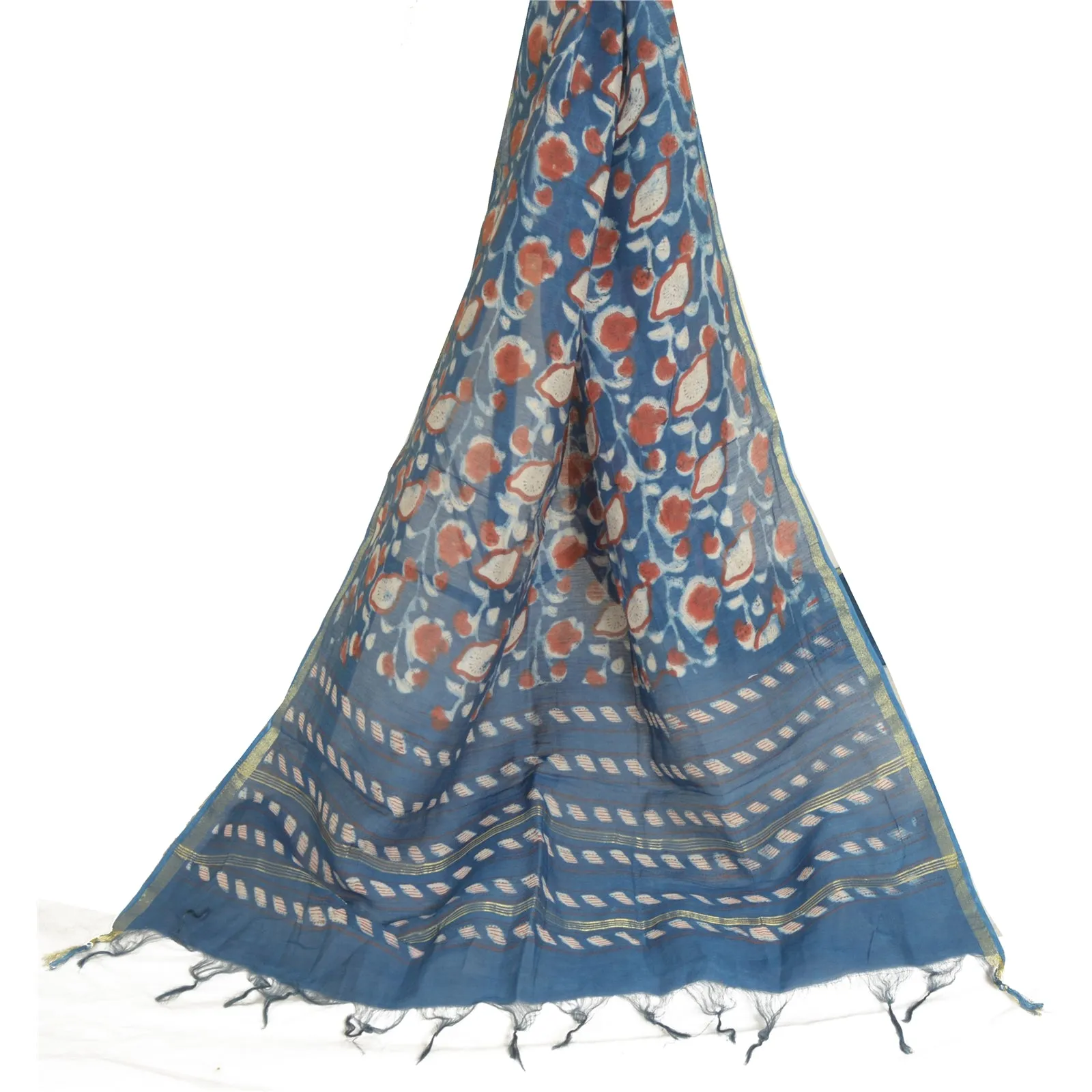 Sanskriti Vintage Long Dupatta Stole Cotton Silk Blue Hand-Block Printed Hijab