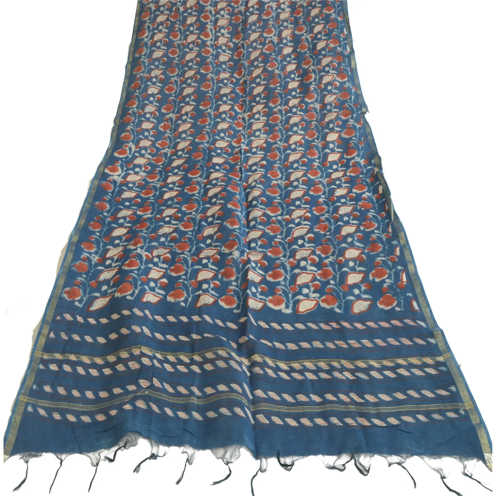 Sanskriti Vintage Long Dupatta Stole Cotton Silk Blue Hand-Block Printed Hijab