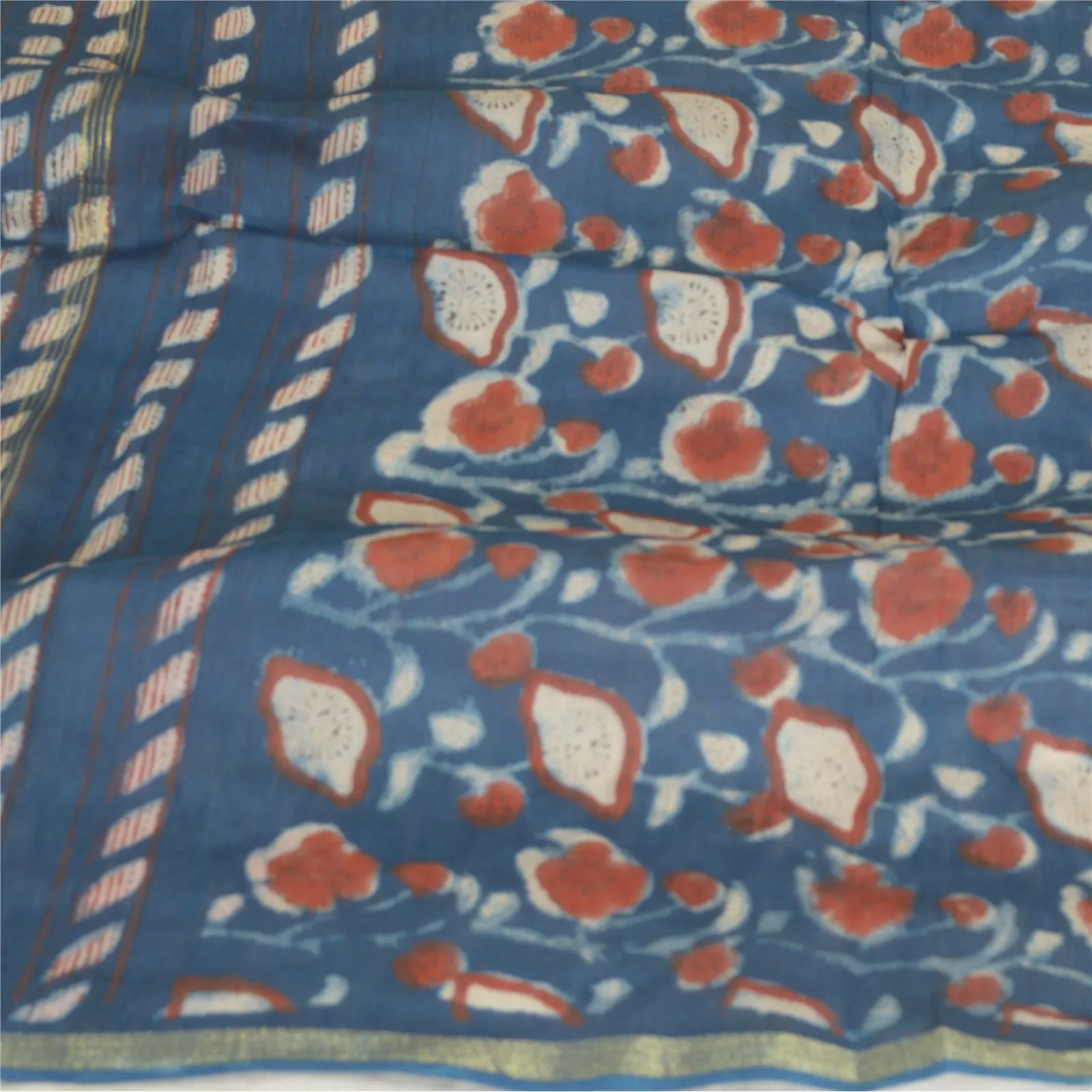 Sanskriti Vintage Long Dupatta Stole Cotton Silk Blue Hand-Block Printed Hijab