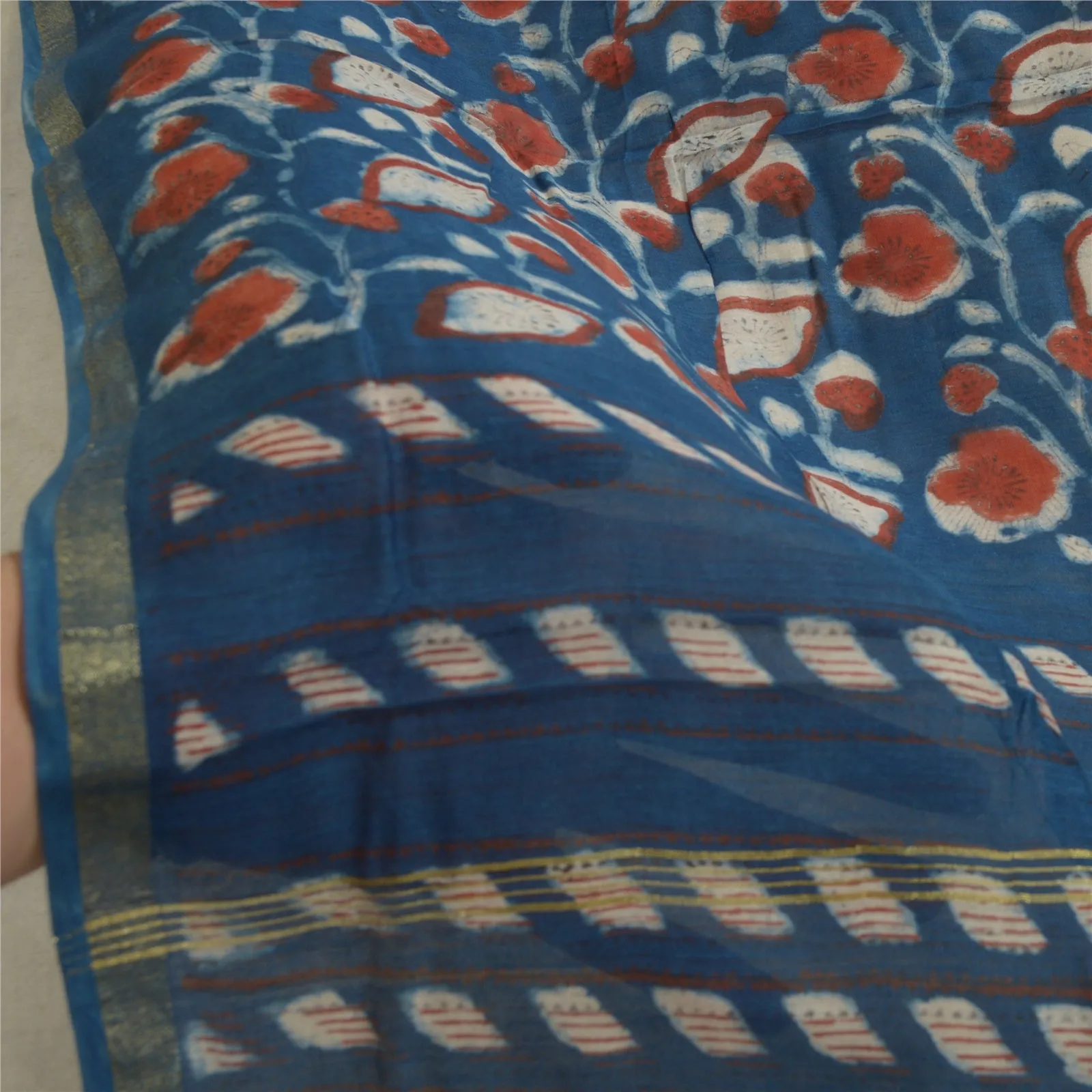 Sanskriti Vintage Long Dupatta Stole Cotton Silk Blue Hand-Block Printed Hijab