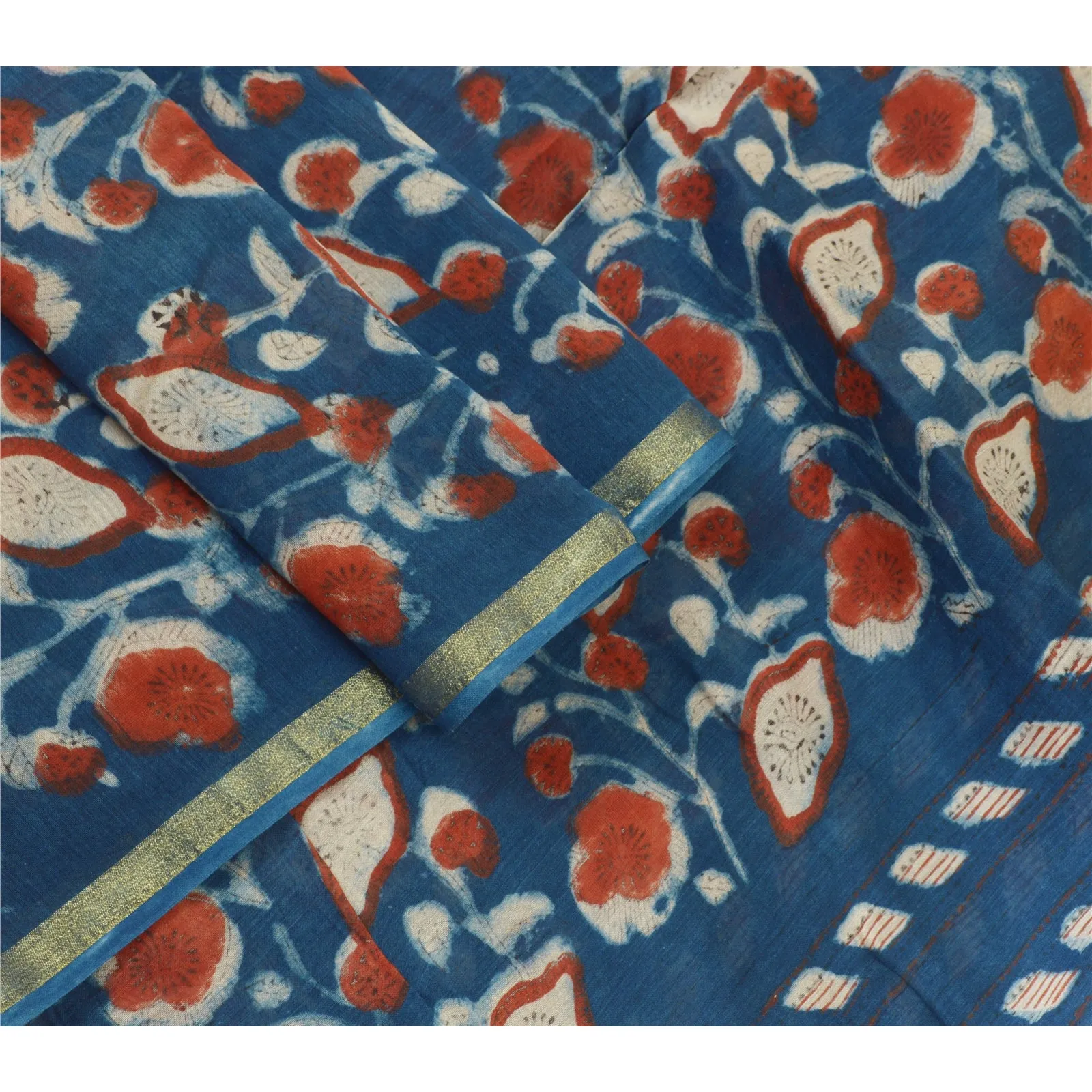 Sanskriti Vintage Long Dupatta Stole Cotton Silk Blue Hand-Block Printed Hijab