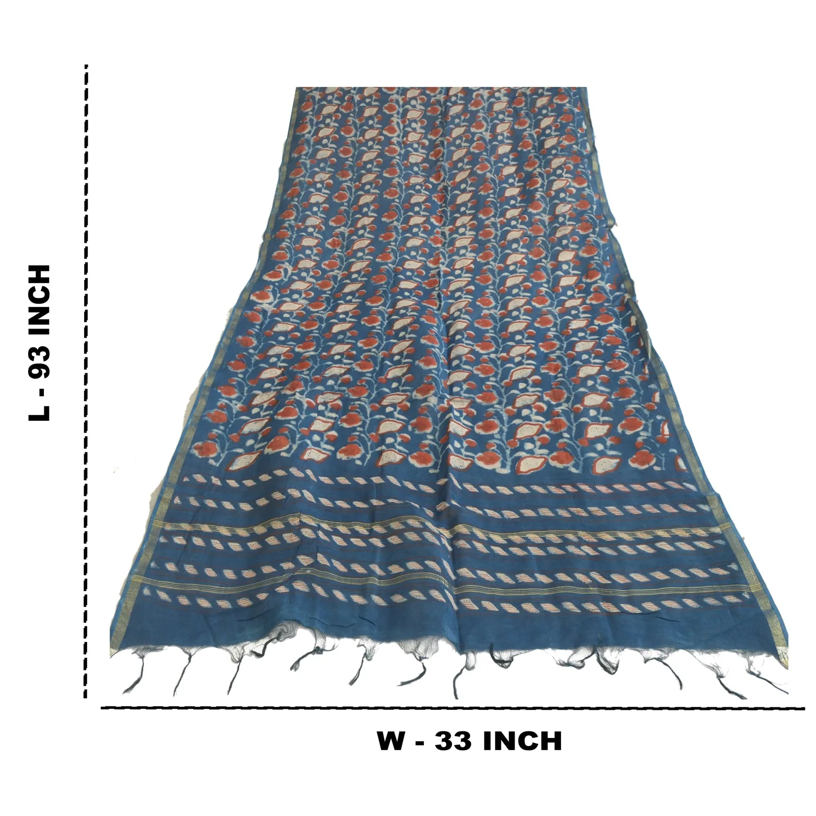 Sanskriti Vintage Long Dupatta Stole Cotton Silk Blue Hand-Block Printed Hijab