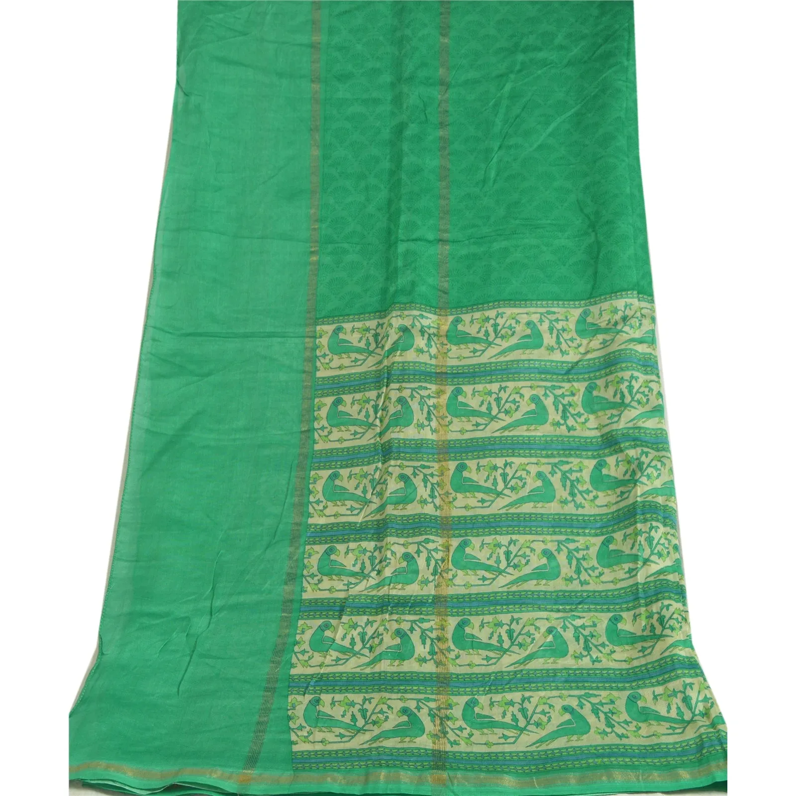 Sanskriti Vintage Long Dupatta Stole Cotton Silk Green/Ivory Printed Wrap Hijab