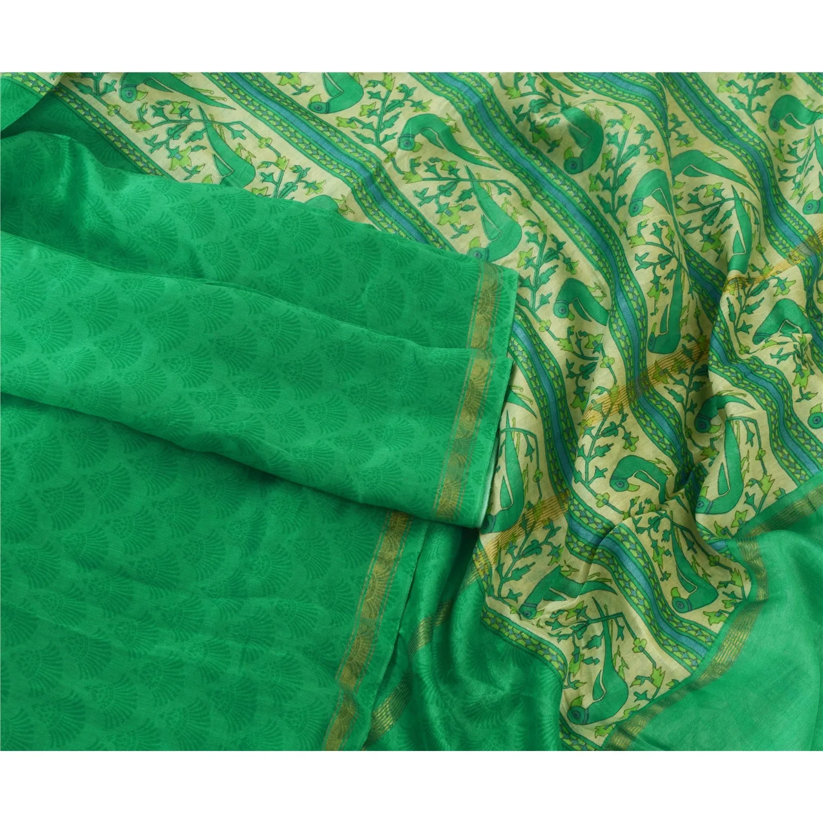 Sanskriti Vintage Long Dupatta Stole Cotton Silk Green/Ivory Printed Wrap Hijab