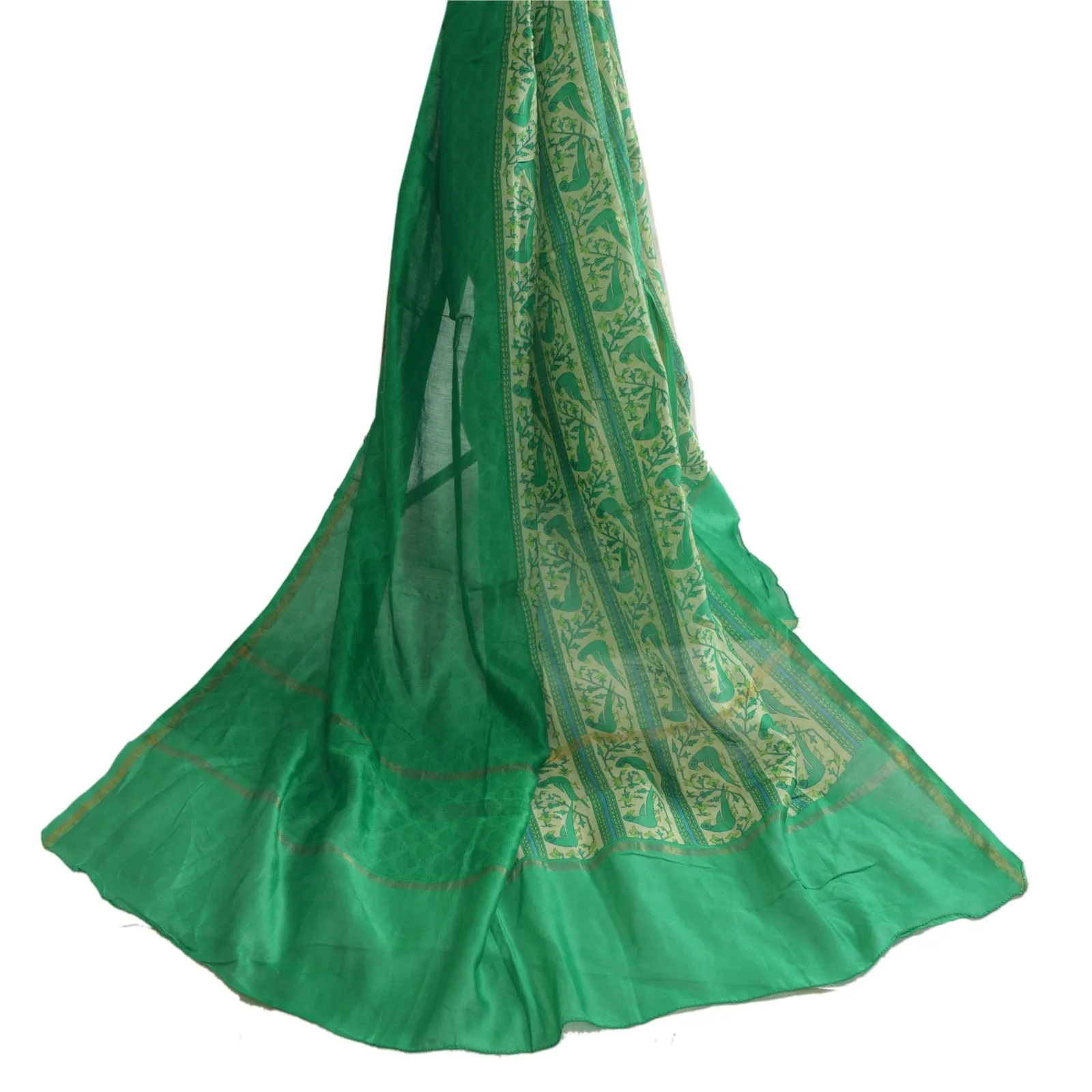 Sanskriti Vintage Long Dupatta Stole Cotton Silk Green/Ivory Printed Wrap Hijab