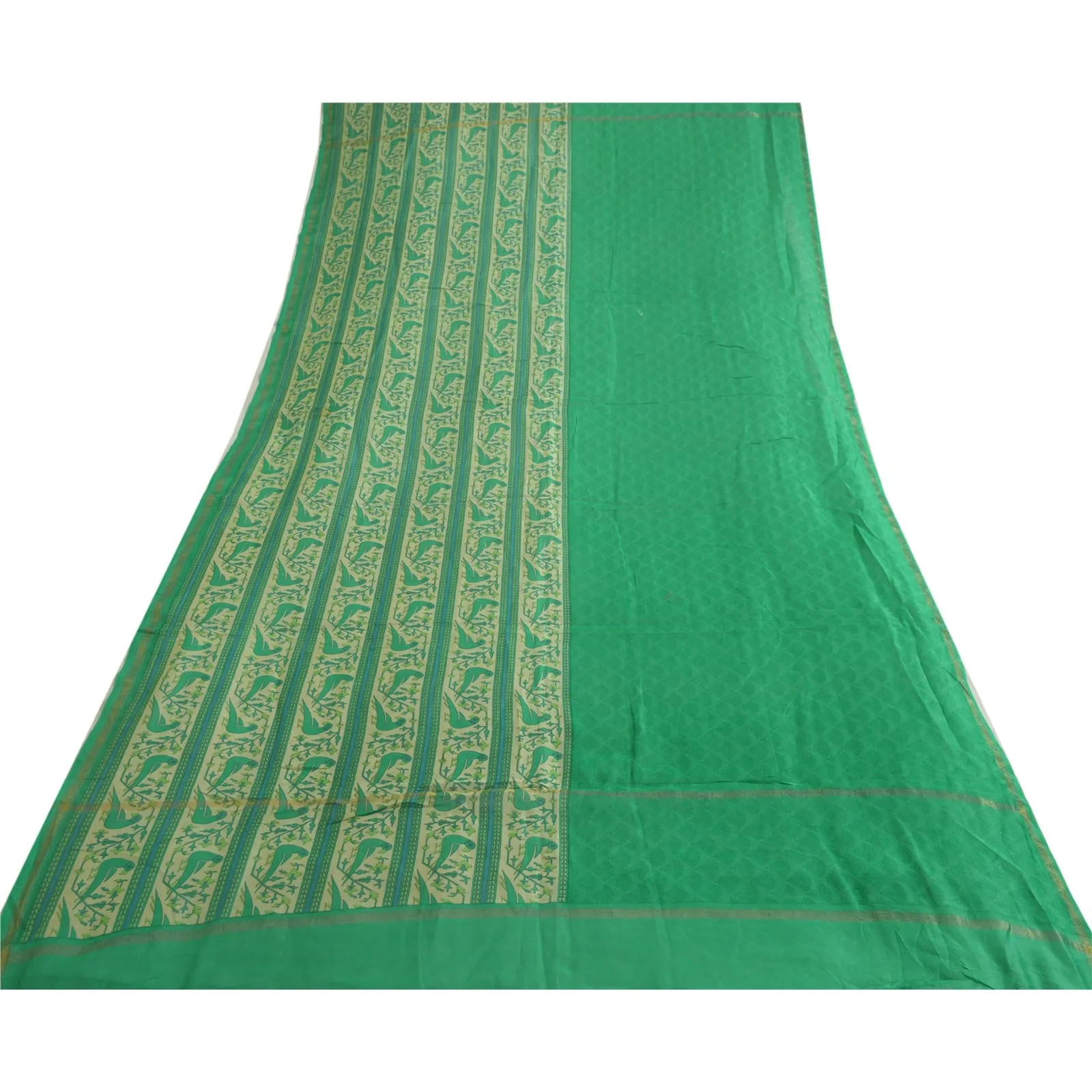 Sanskriti Vintage Long Dupatta Stole Cotton Silk Green/Ivory Printed Wrap Hijab