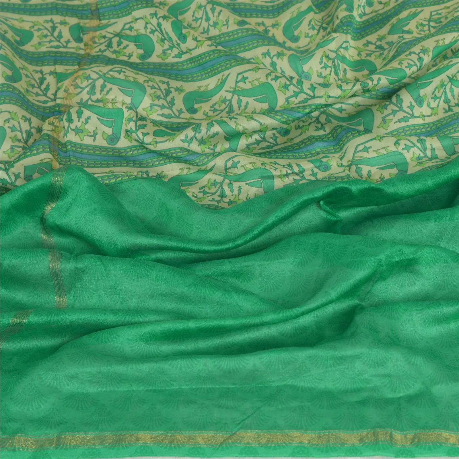 Sanskriti Vintage Long Dupatta Stole Cotton Silk Green/Ivory Printed Wrap Hijab