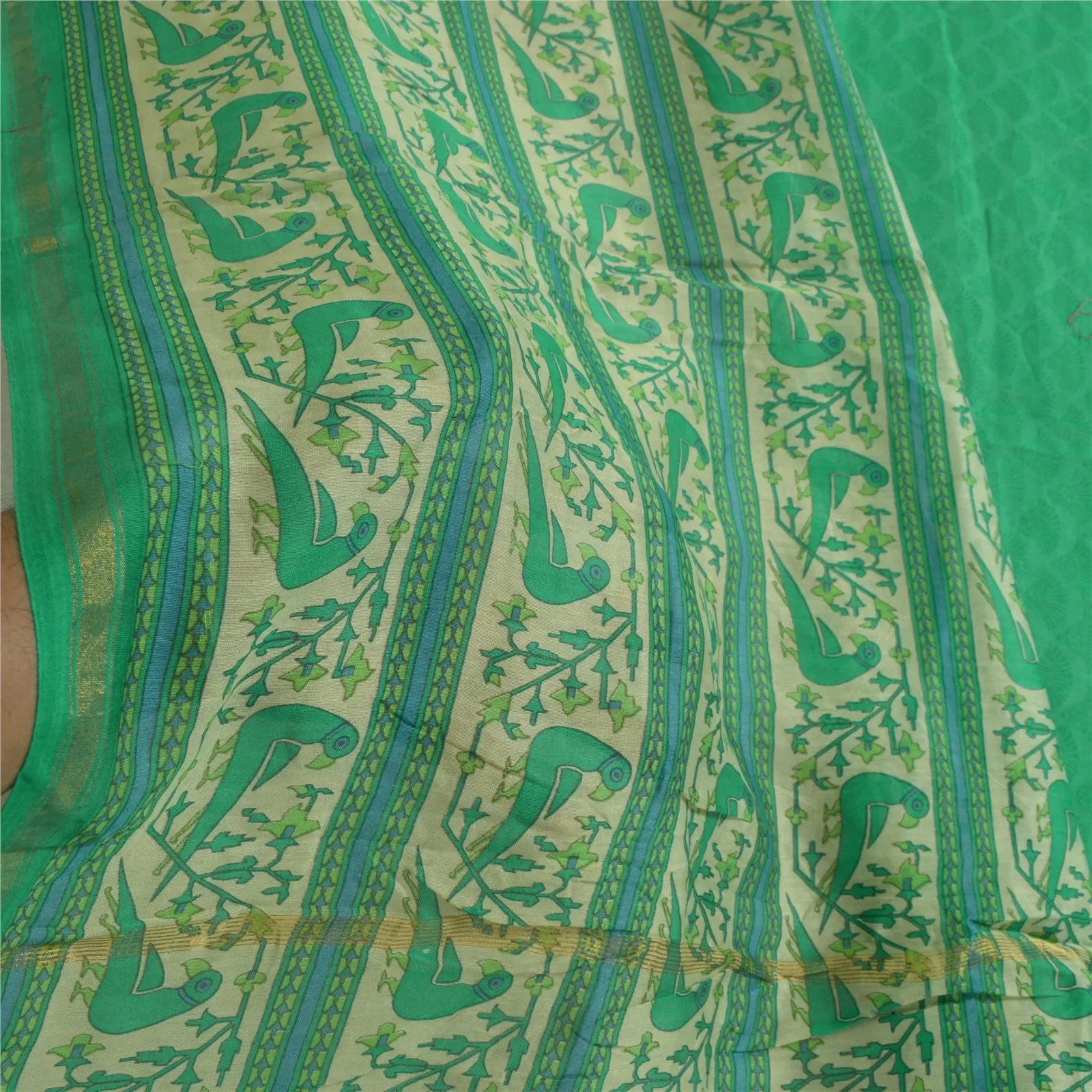 Sanskriti Vintage Long Dupatta Stole Cotton Silk Green/Ivory Printed Wrap Hijab