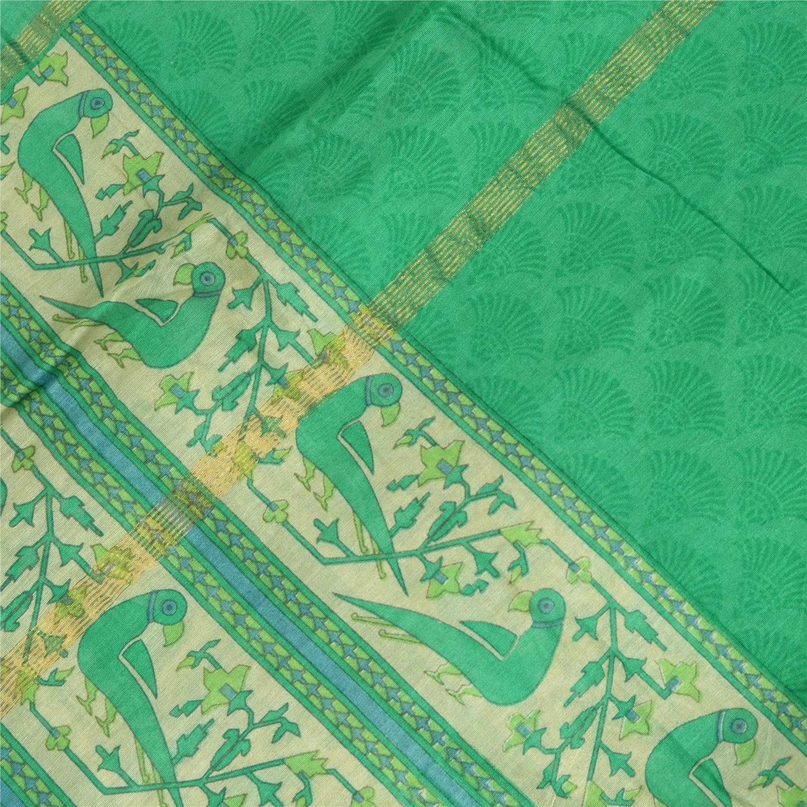 Sanskriti Vintage Long Dupatta Stole Cotton Silk Green/Ivory Printed Wrap Hijab