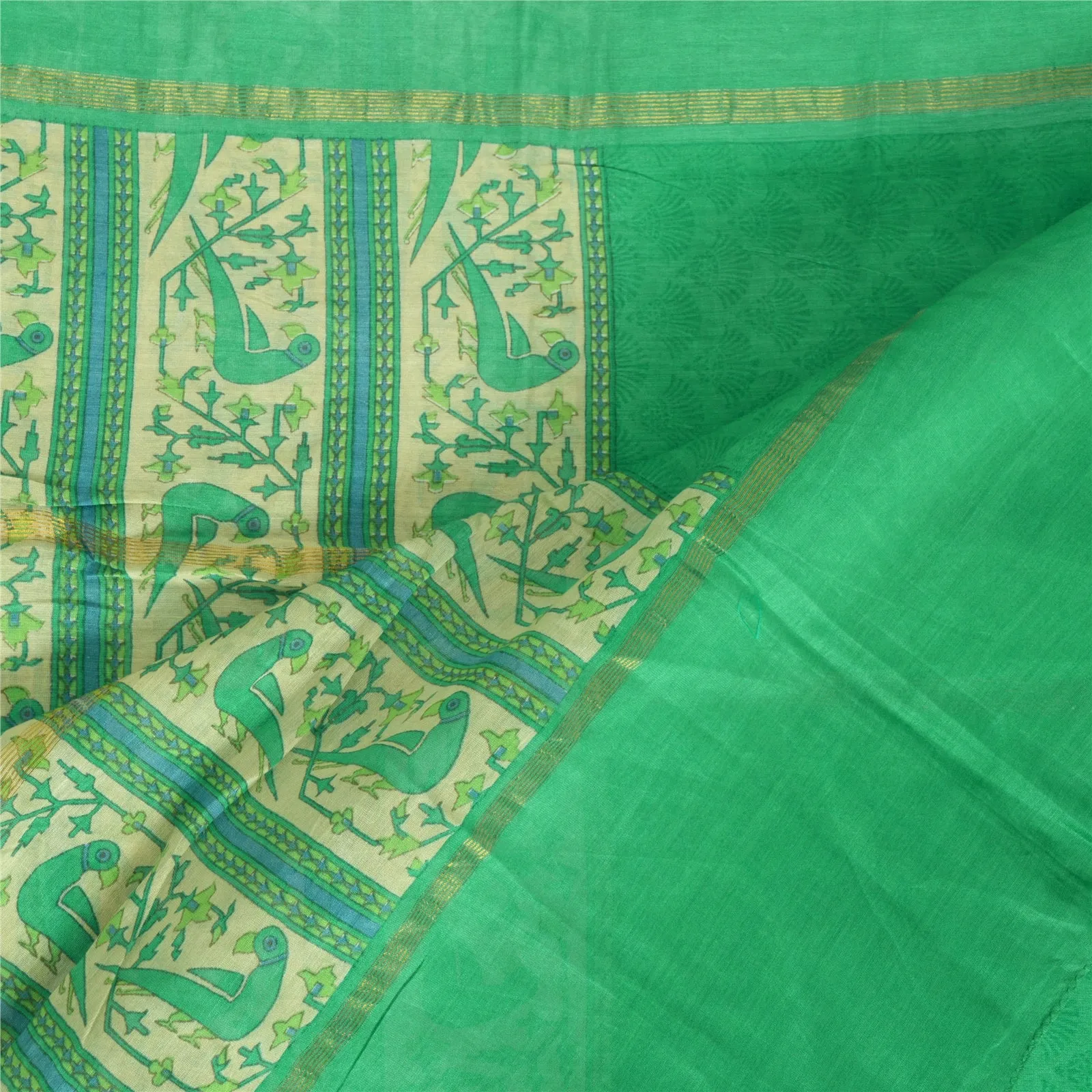 Sanskriti Vintage Long Dupatta Stole Cotton Silk Green/Ivory Printed Wrap Hijab