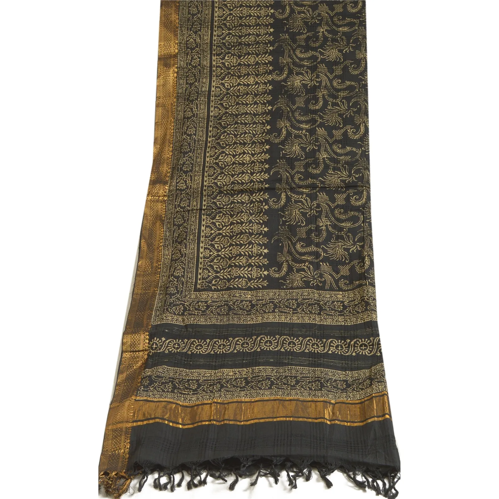 Sanskriti Vintage Long Dupatta Stole Pure Cotton Black Hand-Block Printed Zari