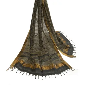 Sanskriti Vintage Long Dupatta Stole Pure Cotton Black Hand-Block Printed Zari