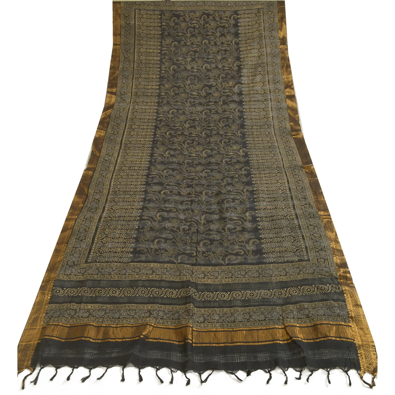 Sanskriti Vintage Long Dupatta Stole Pure Cotton Black Hand-Block Printed Zari