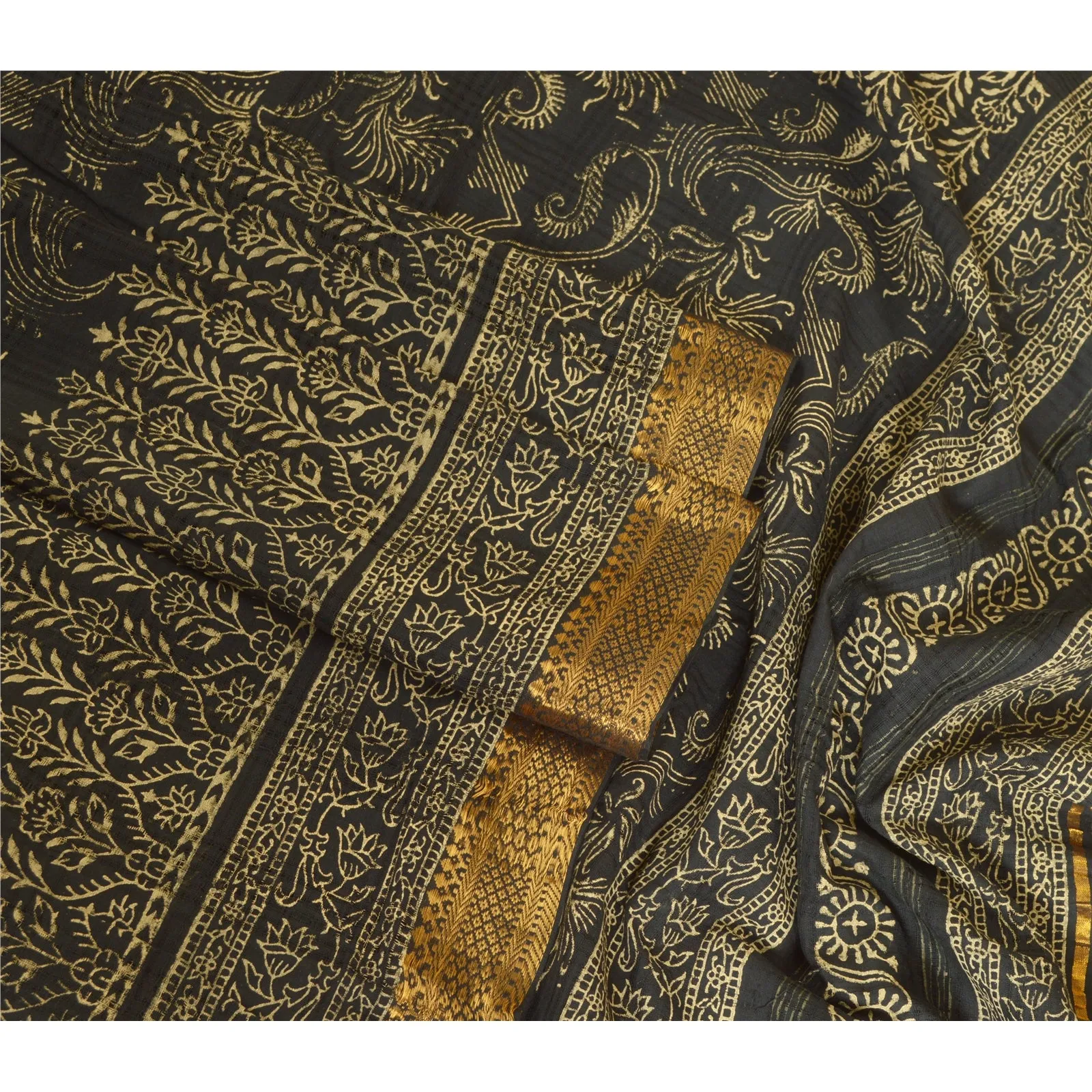 Sanskriti Vintage Long Dupatta Stole Pure Cotton Black Hand-Block Printed Zari