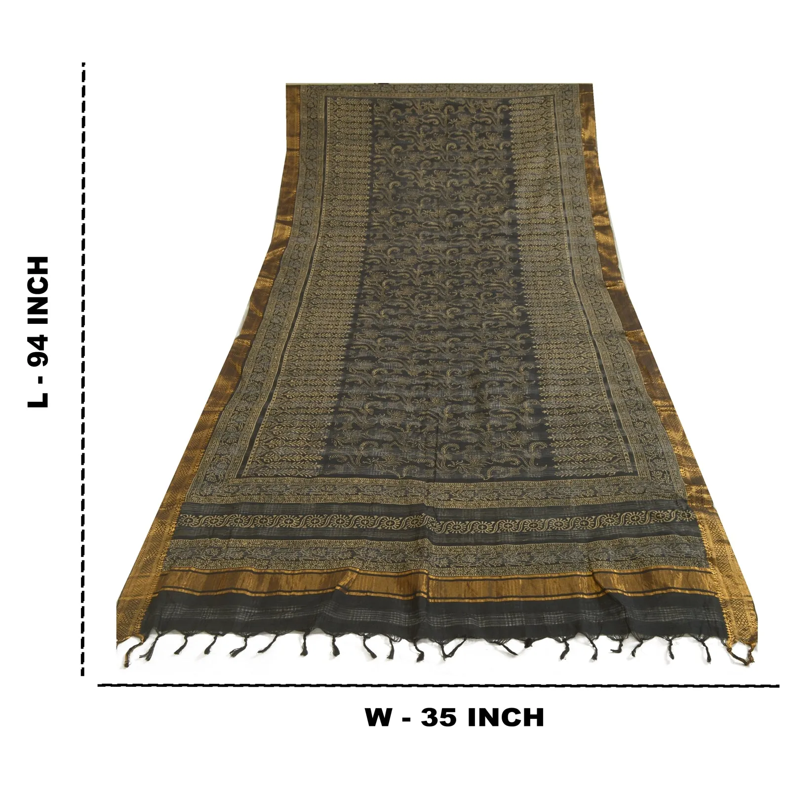 Sanskriti Vintage Long Dupatta Stole Pure Cotton Black Hand-Block Printed Zari