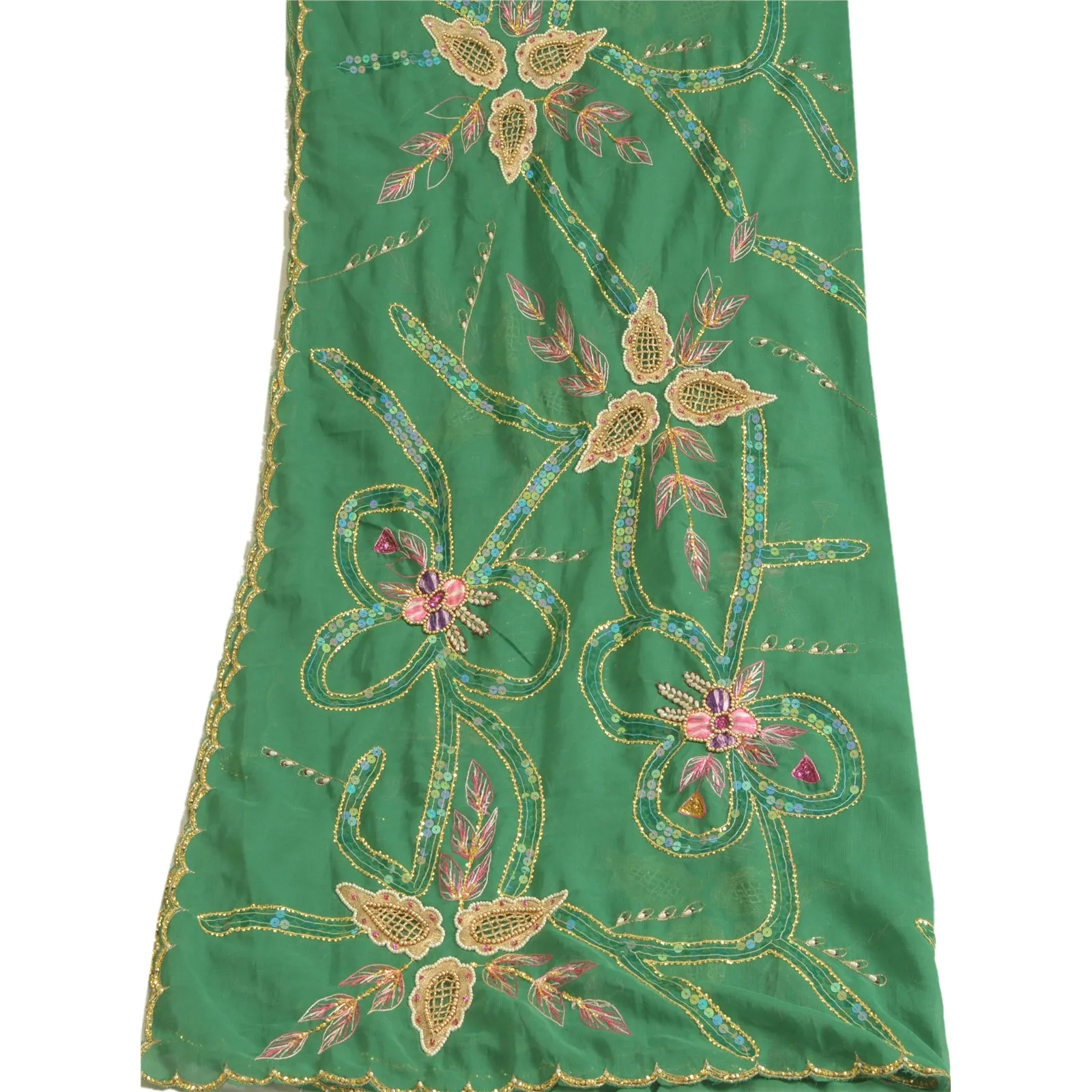 Sanskriti Vintage Long Green Dupatta/Stole Pure Georgette Silk Hand Beaded Veil