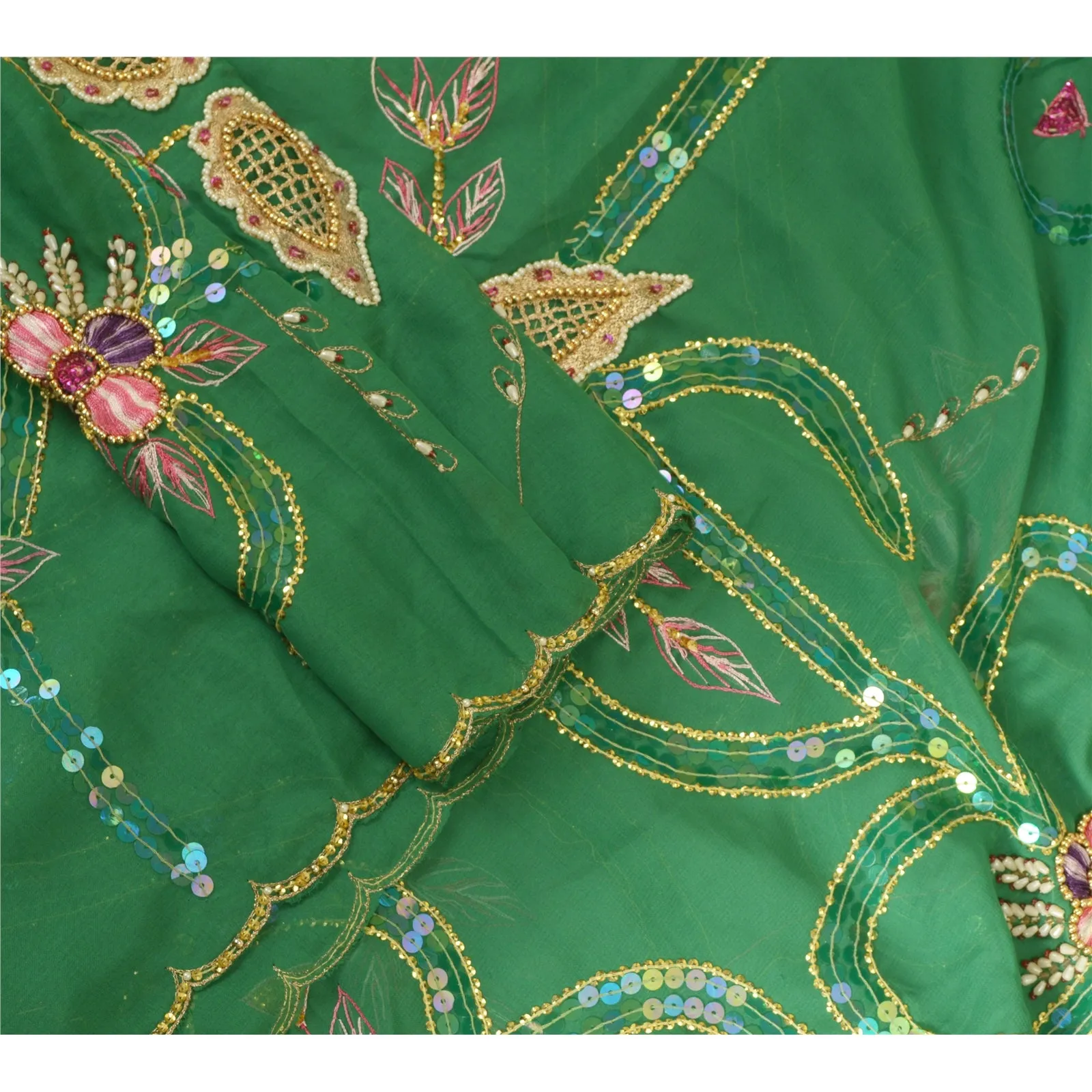 Sanskriti Vintage Long Green Dupatta/Stole Pure Georgette Silk Hand Beaded Veil