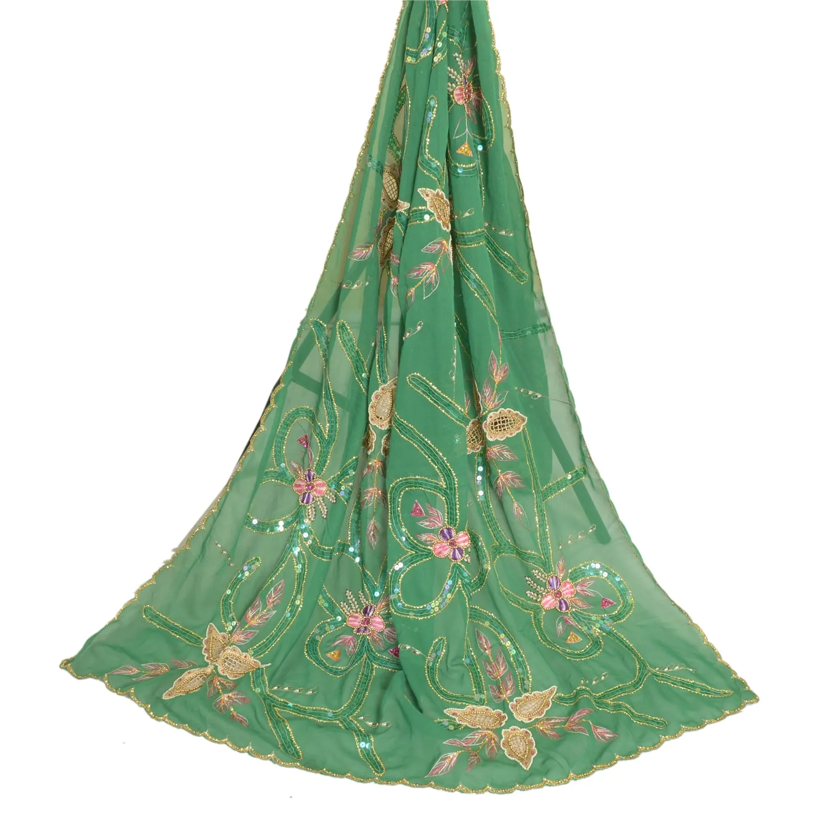 Sanskriti Vintage Long Green Dupatta/Stole Pure Georgette Silk Hand Beaded Veil