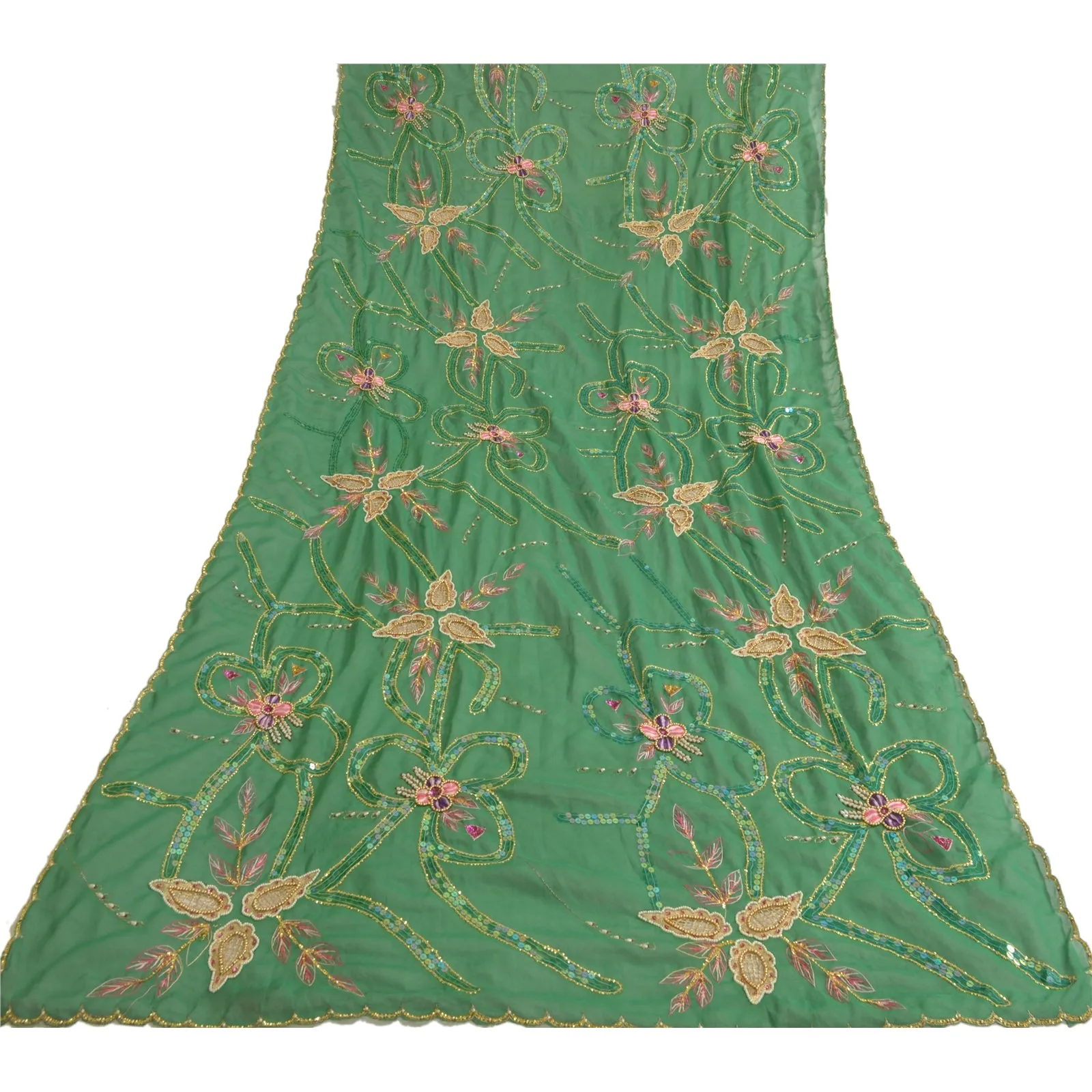 Sanskriti Vintage Long Green Dupatta/Stole Pure Georgette Silk Hand Beaded Veil