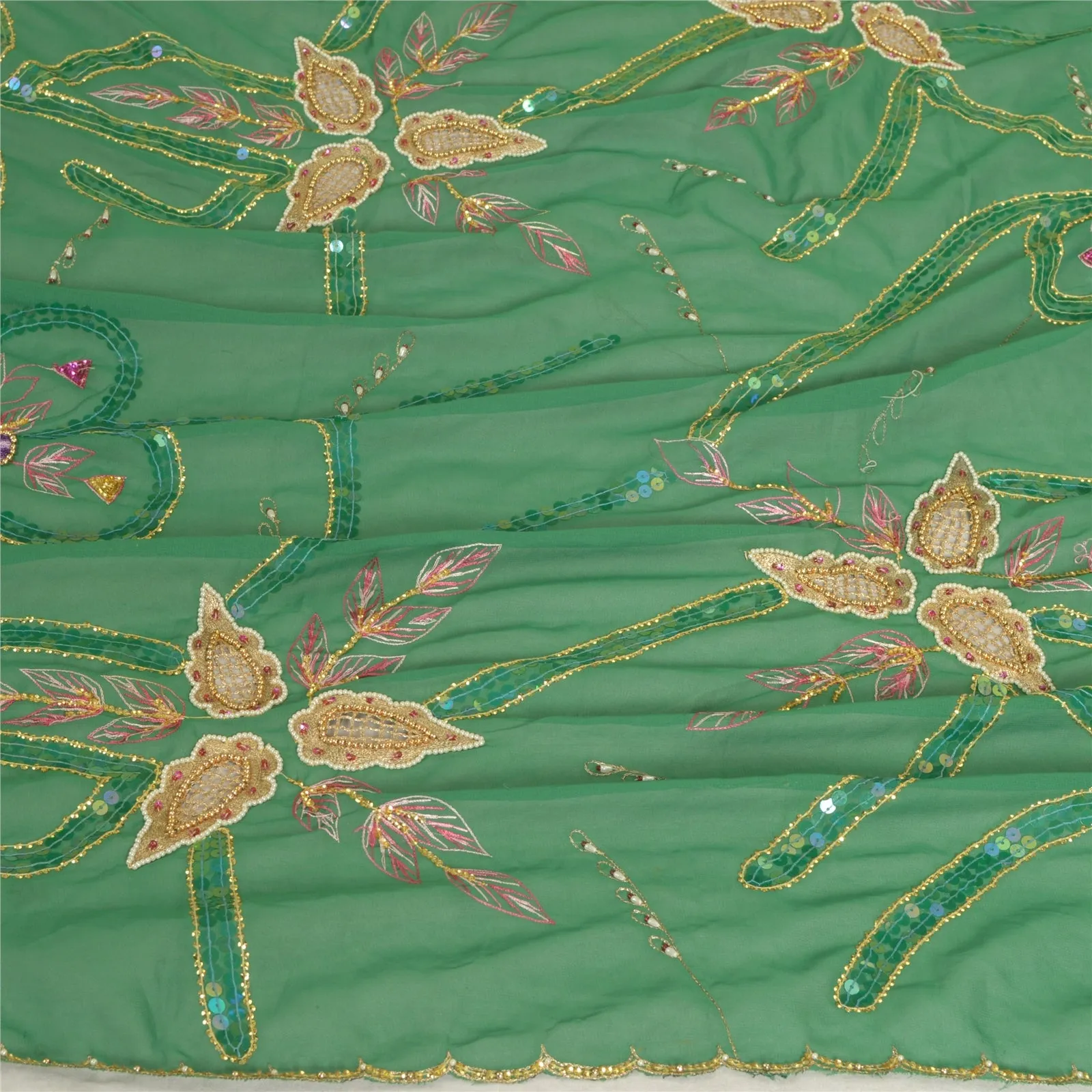 Sanskriti Vintage Long Green Dupatta/Stole Pure Georgette Silk Hand Beaded Veil