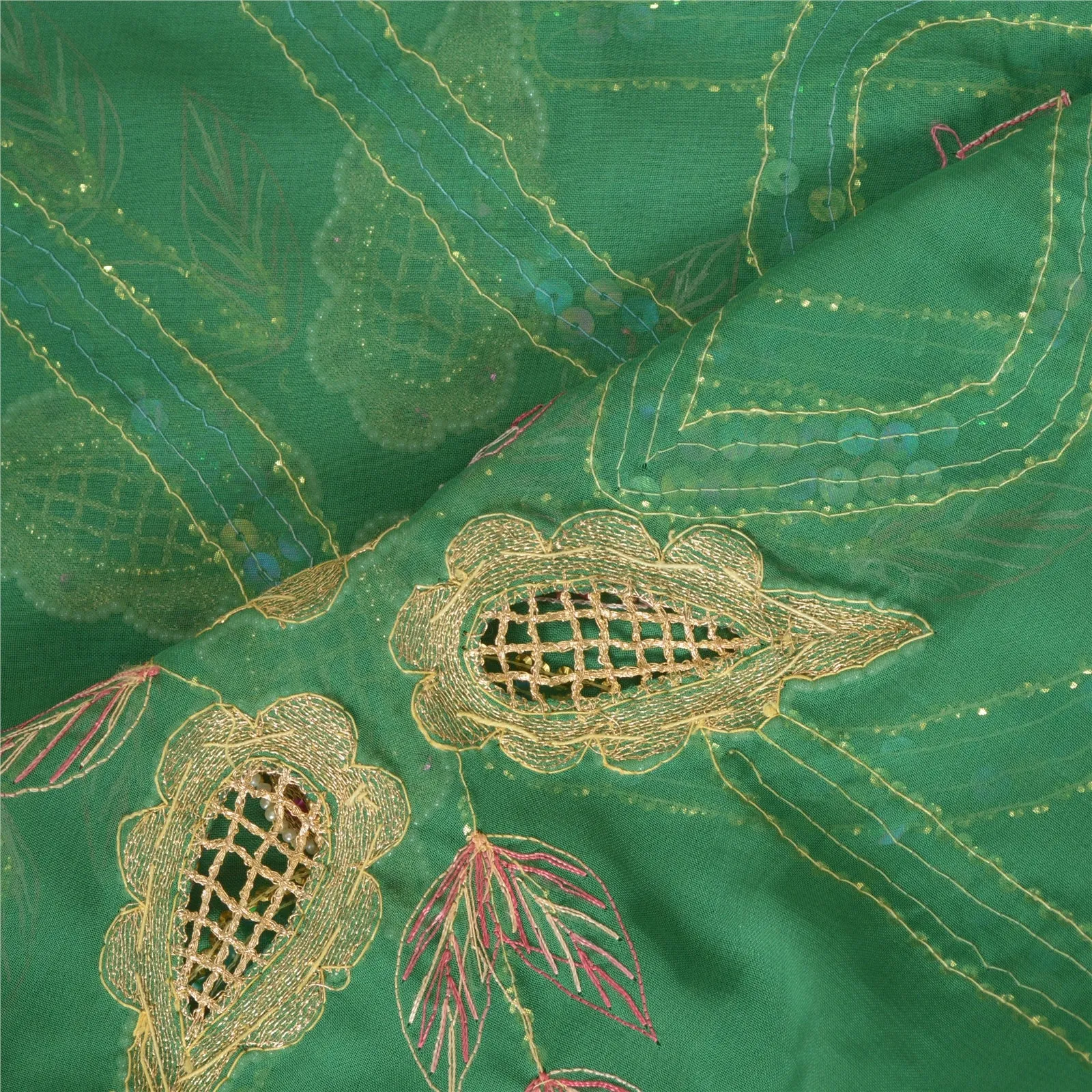 Sanskriti Vintage Long Green Dupatta/Stole Pure Georgette Silk Hand Beaded Veil