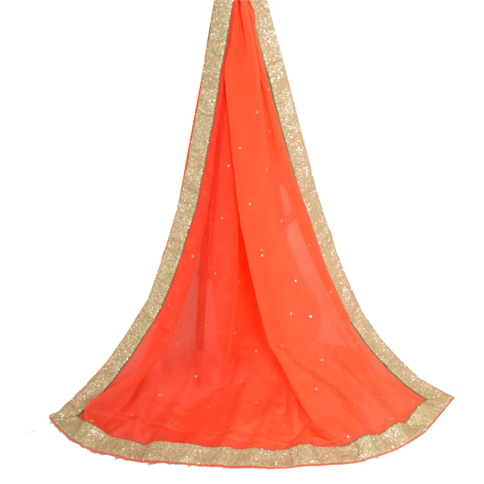 Sanskriti Vintage Long Orange Dupatta/Stole Pure Chiffon Silk Hand Beaded Veil