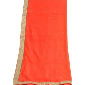 Sanskriti Vintage Long Orange Dupatta/Stole Pure Chiffon Silk Hand Beaded Veil