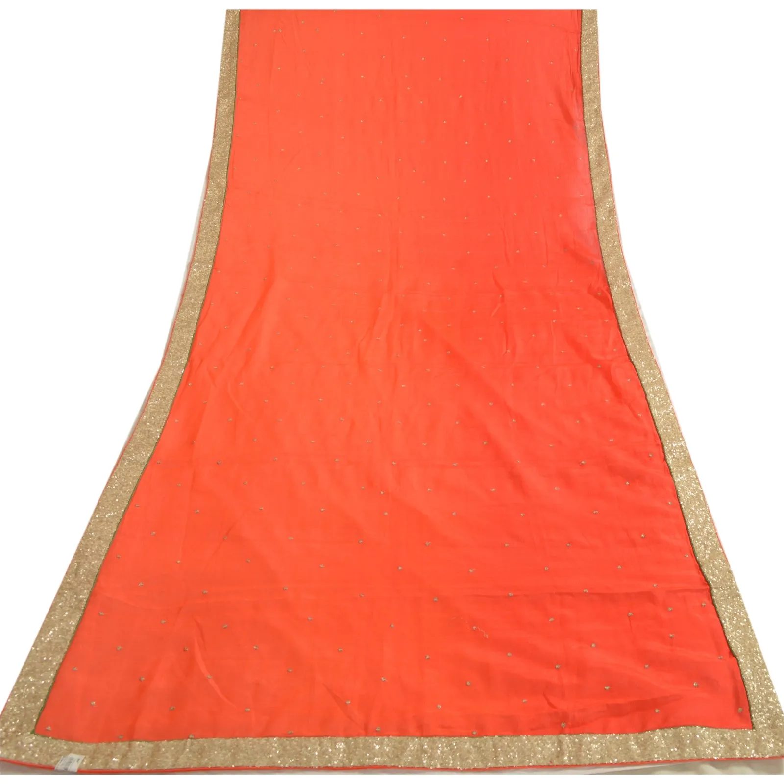 Sanskriti Vintage Long Orange Dupatta/Stole Pure Chiffon Silk Hand Beaded Veil