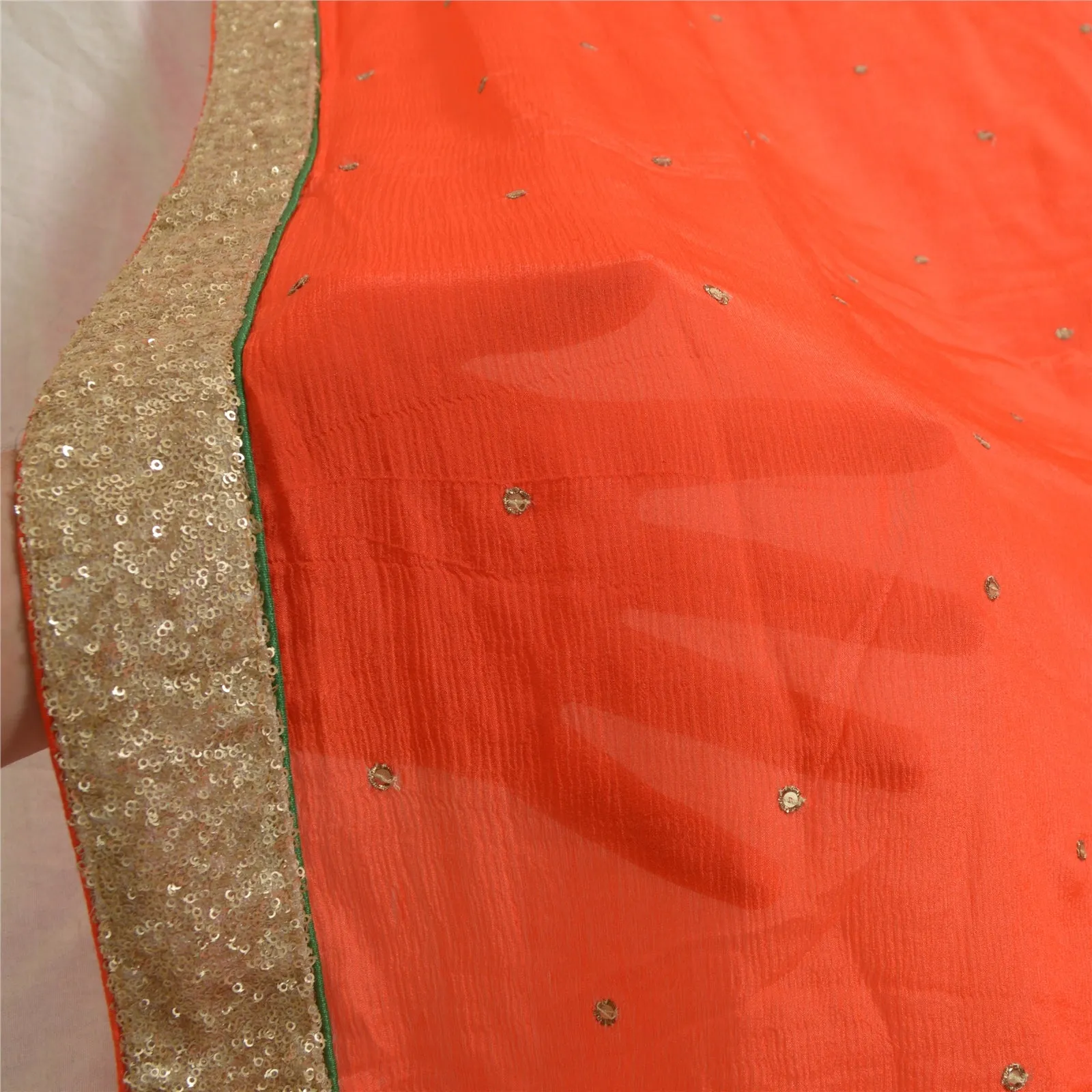 Sanskriti Vintage Long Orange Dupatta/Stole Pure Chiffon Silk Hand Beaded Veil