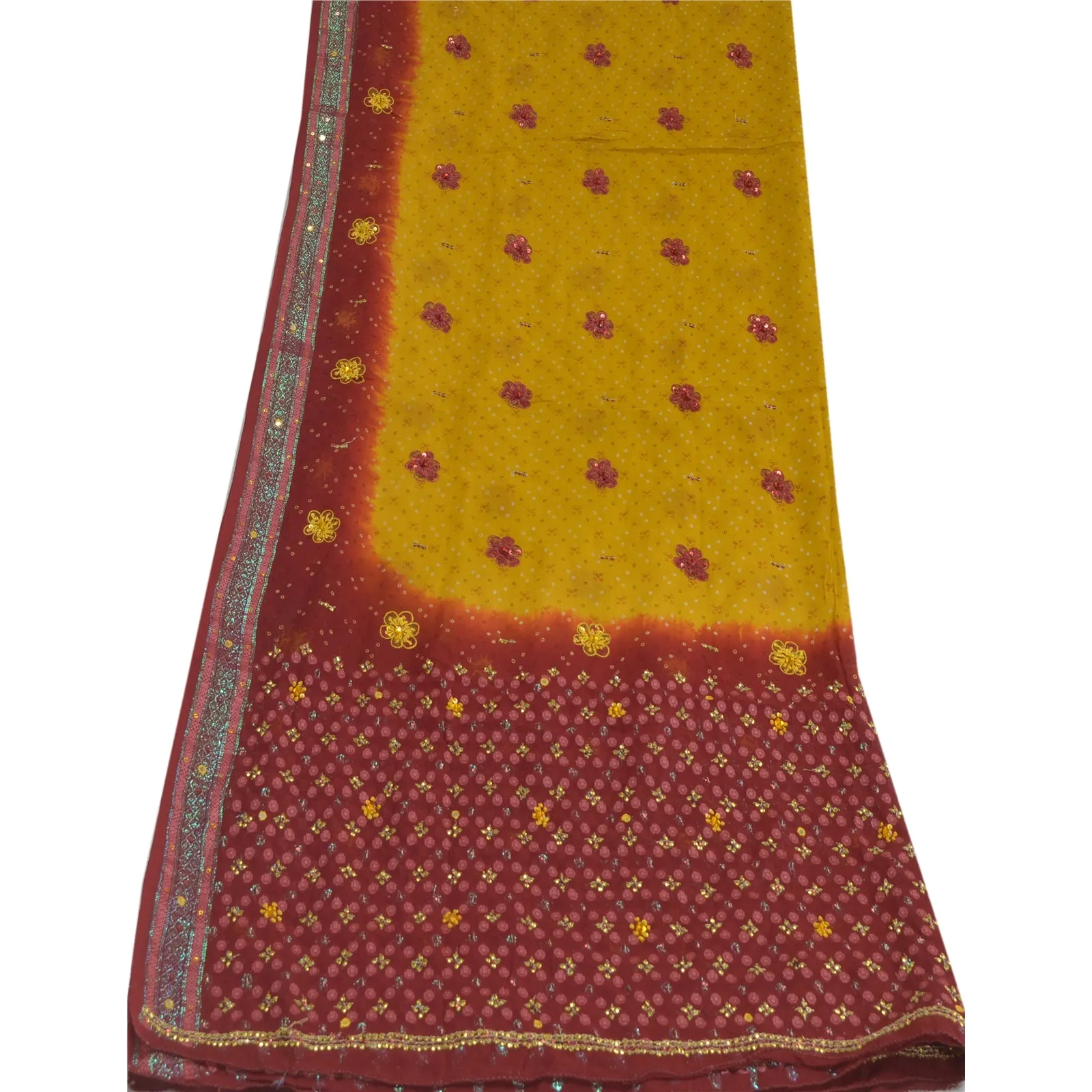 Sanskriti Vintage Long Yellow/Red Dupatta/Stole Pure Georgette Silk Hand Beaded