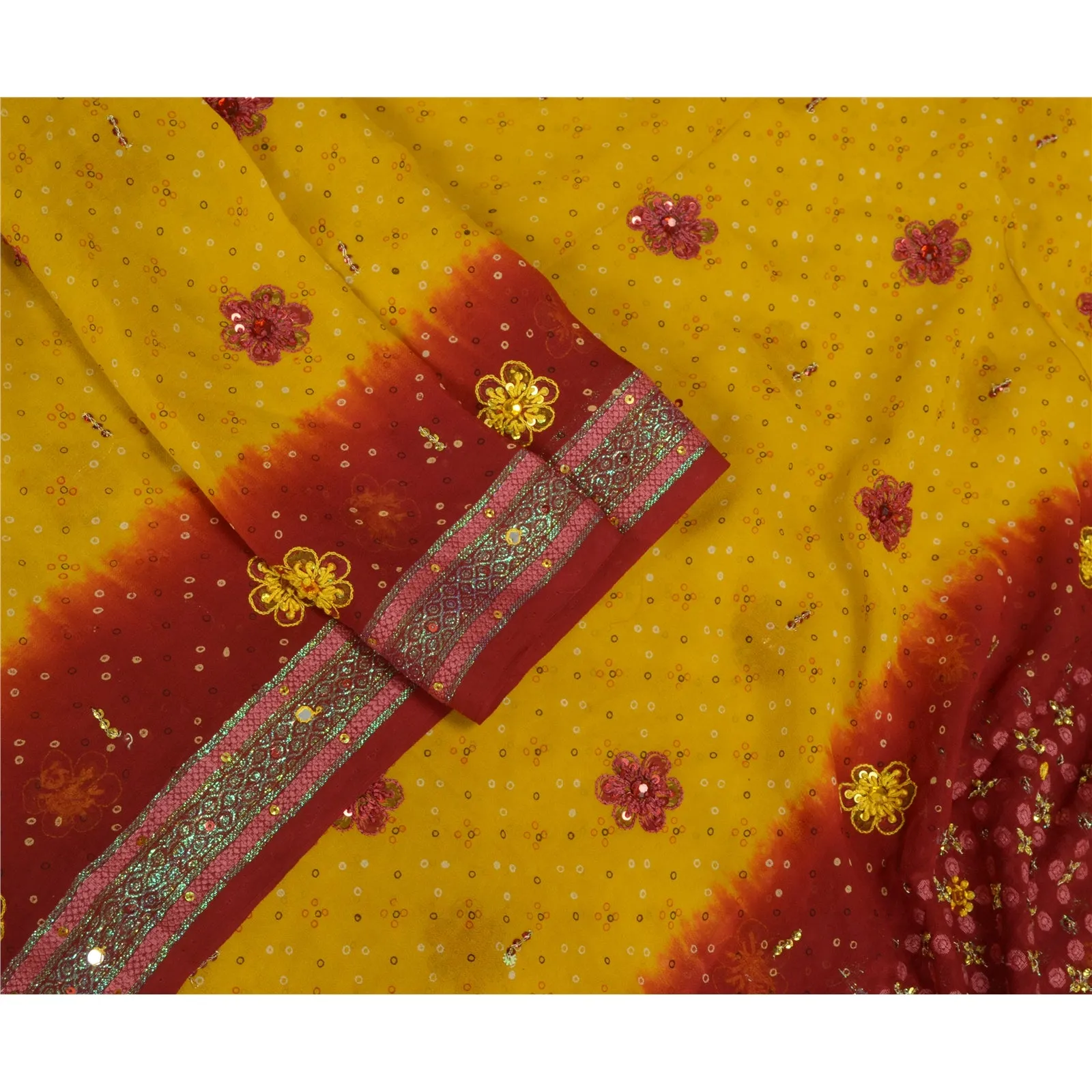 Sanskriti Vintage Long Yellow/Red Dupatta/Stole Pure Georgette Silk Hand Beaded