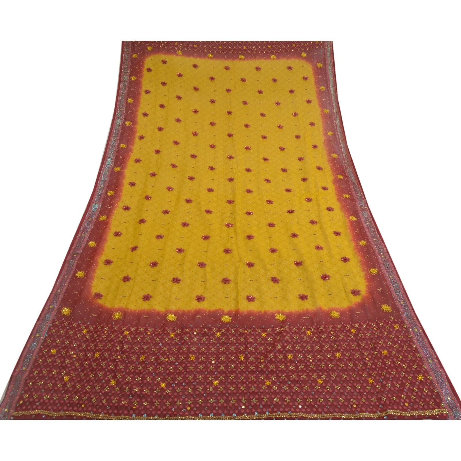 Sanskriti Vintage Long Yellow/Red Dupatta/Stole Pure Georgette Silk Hand Beaded