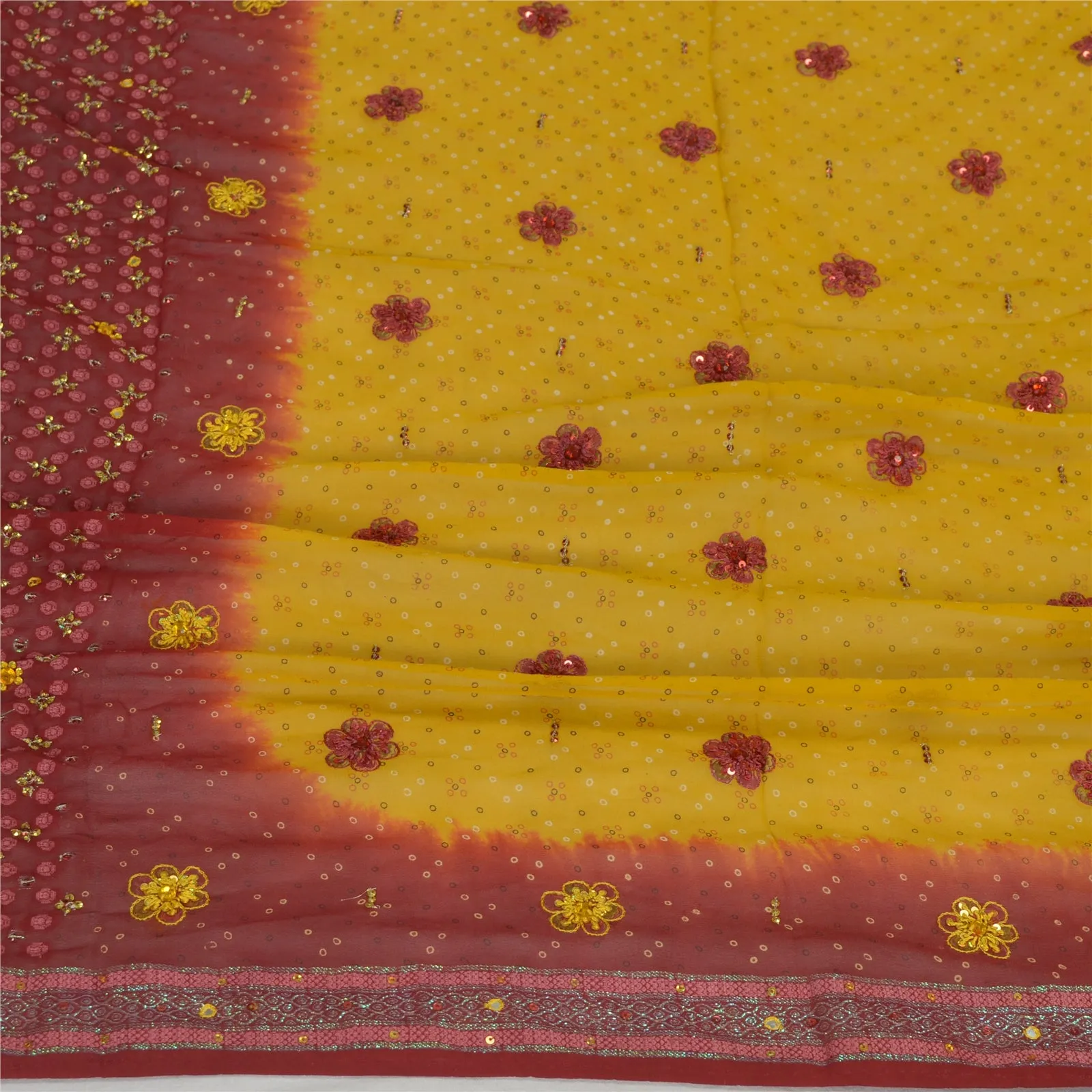 Sanskriti Vintage Long Yellow/Red Dupatta/Stole Pure Georgette Silk Hand Beaded