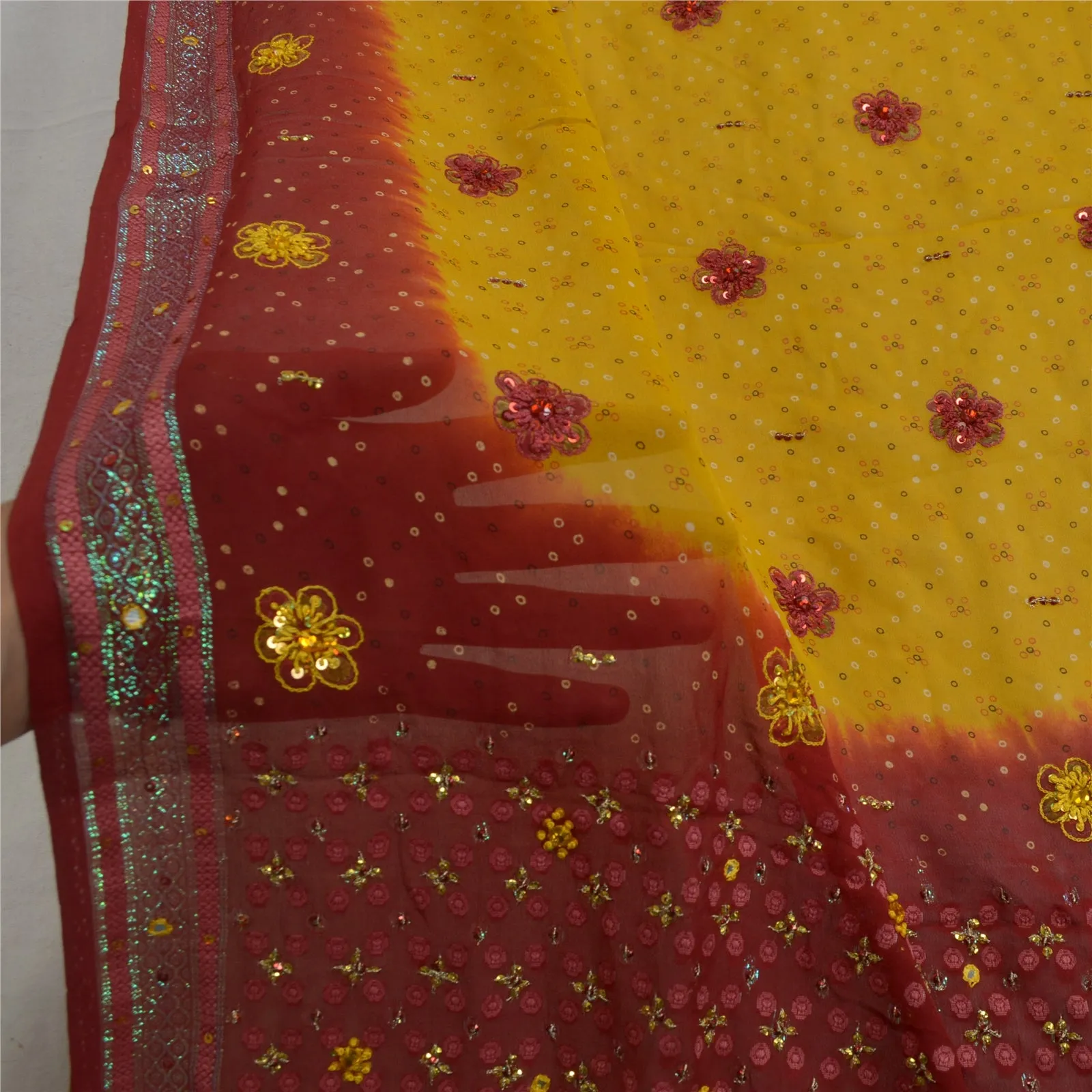 Sanskriti Vintage Long Yellow/Red Dupatta/Stole Pure Georgette Silk Hand Beaded