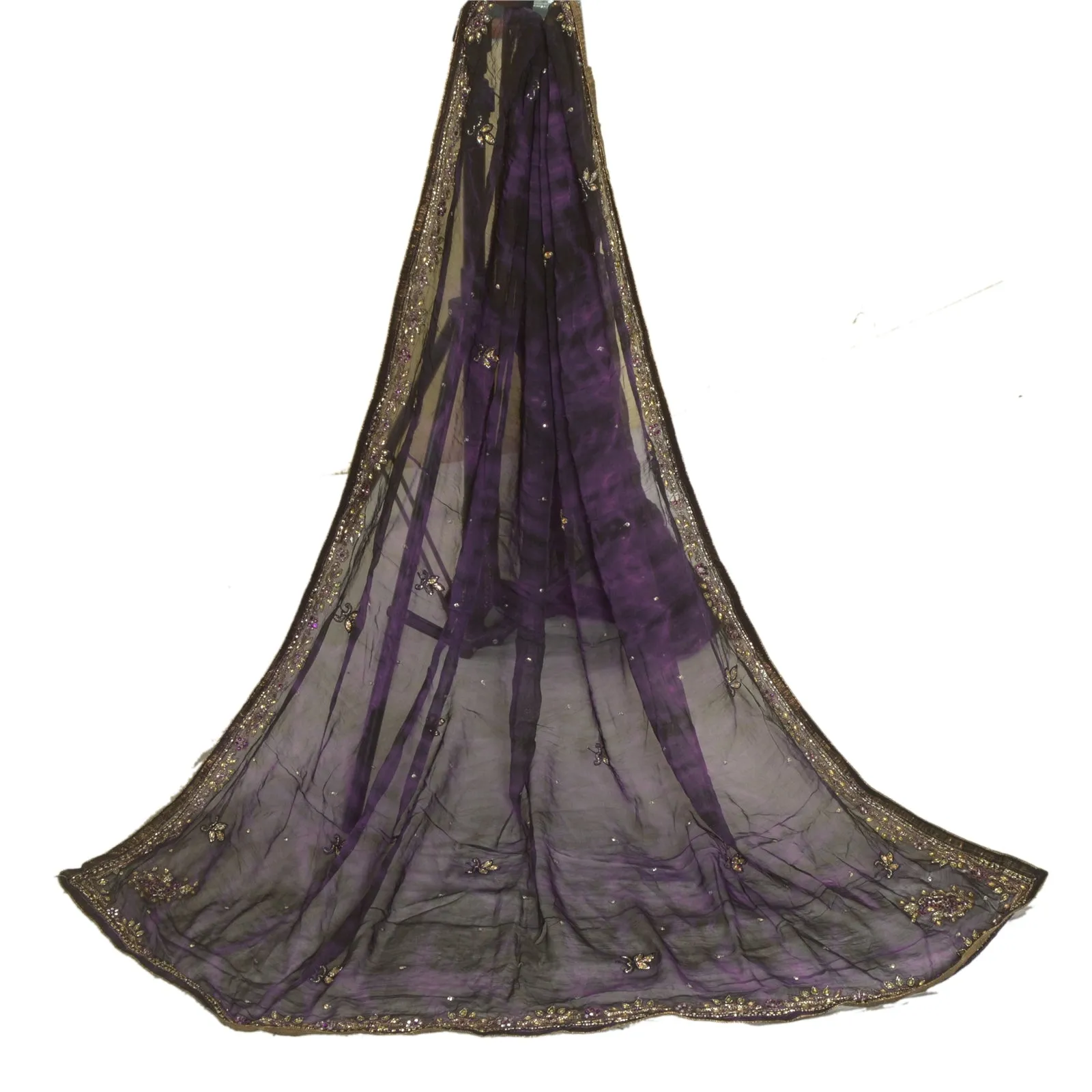 Sanskriti Vintage Purple Dupatta Long Stole Pure Chiffon Silk Handmade Tie-Dye