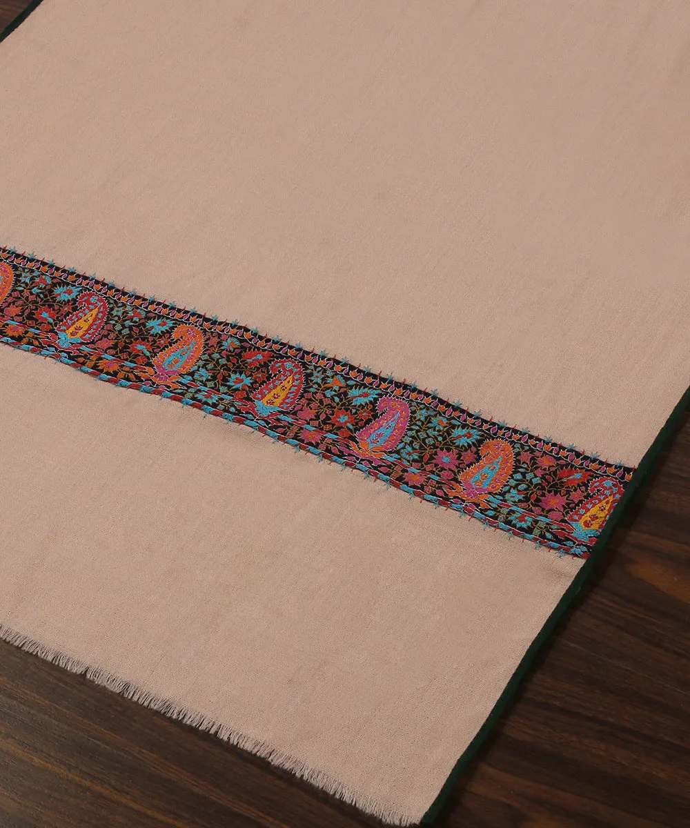 Soft Pink Handwoven Pure Pashmina Stole With Hand Appliqued Kashidakari Border