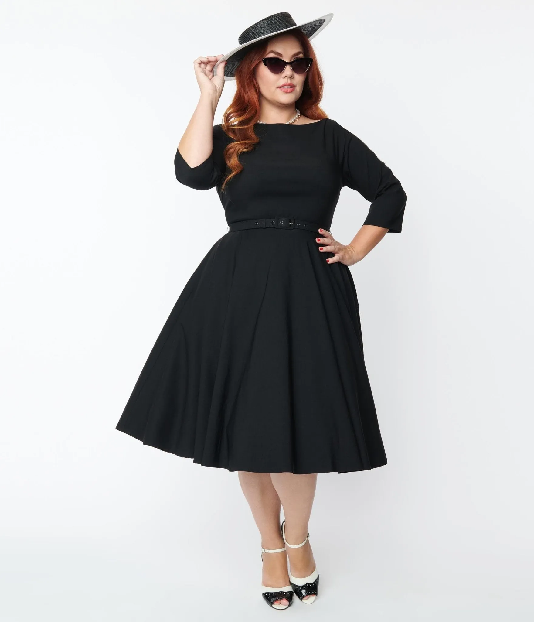 Unique Vintage Plus Size 1950s Black Devon Swing Dress