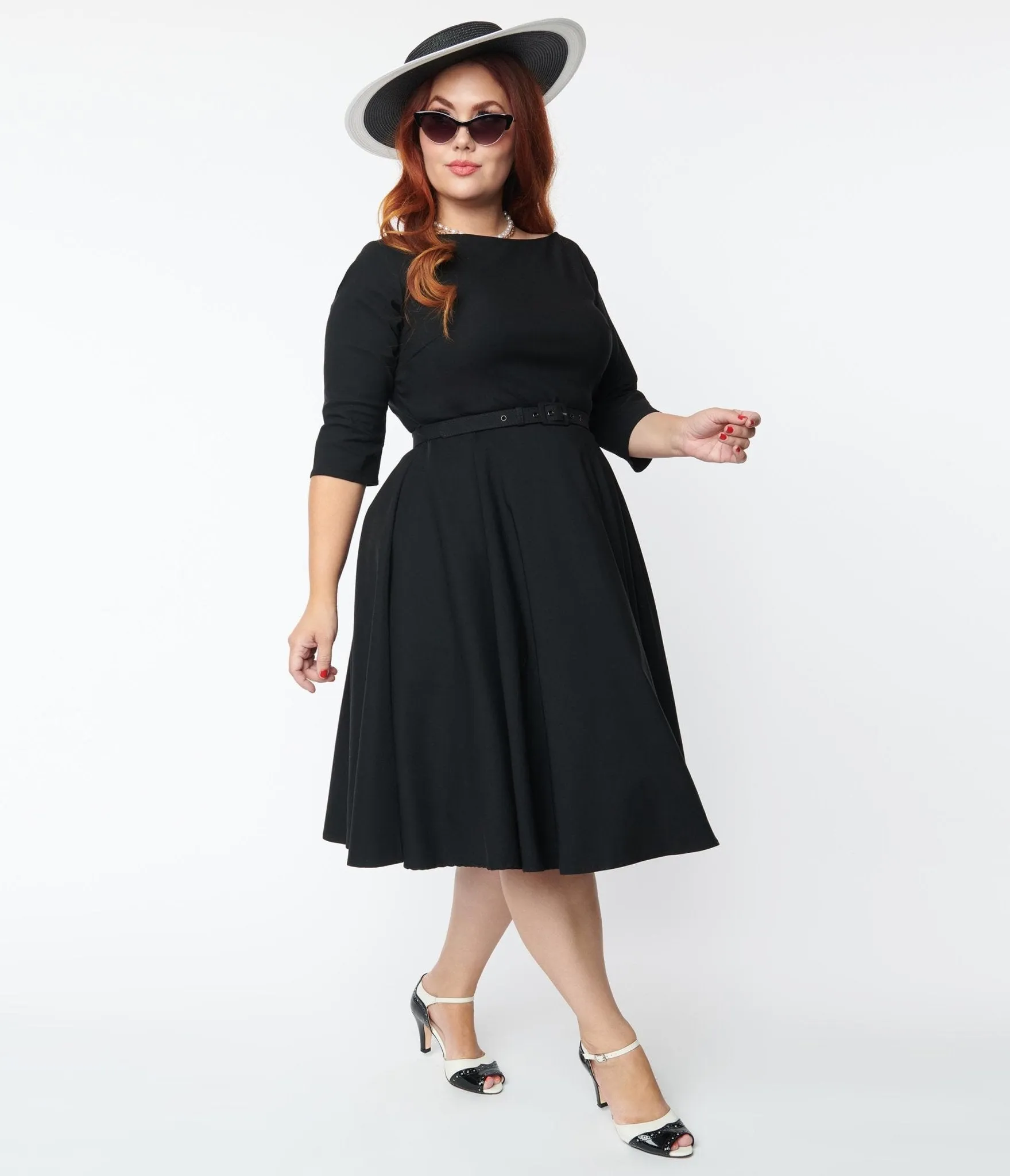 Unique Vintage Plus Size 1950s Black Devon Swing Dress