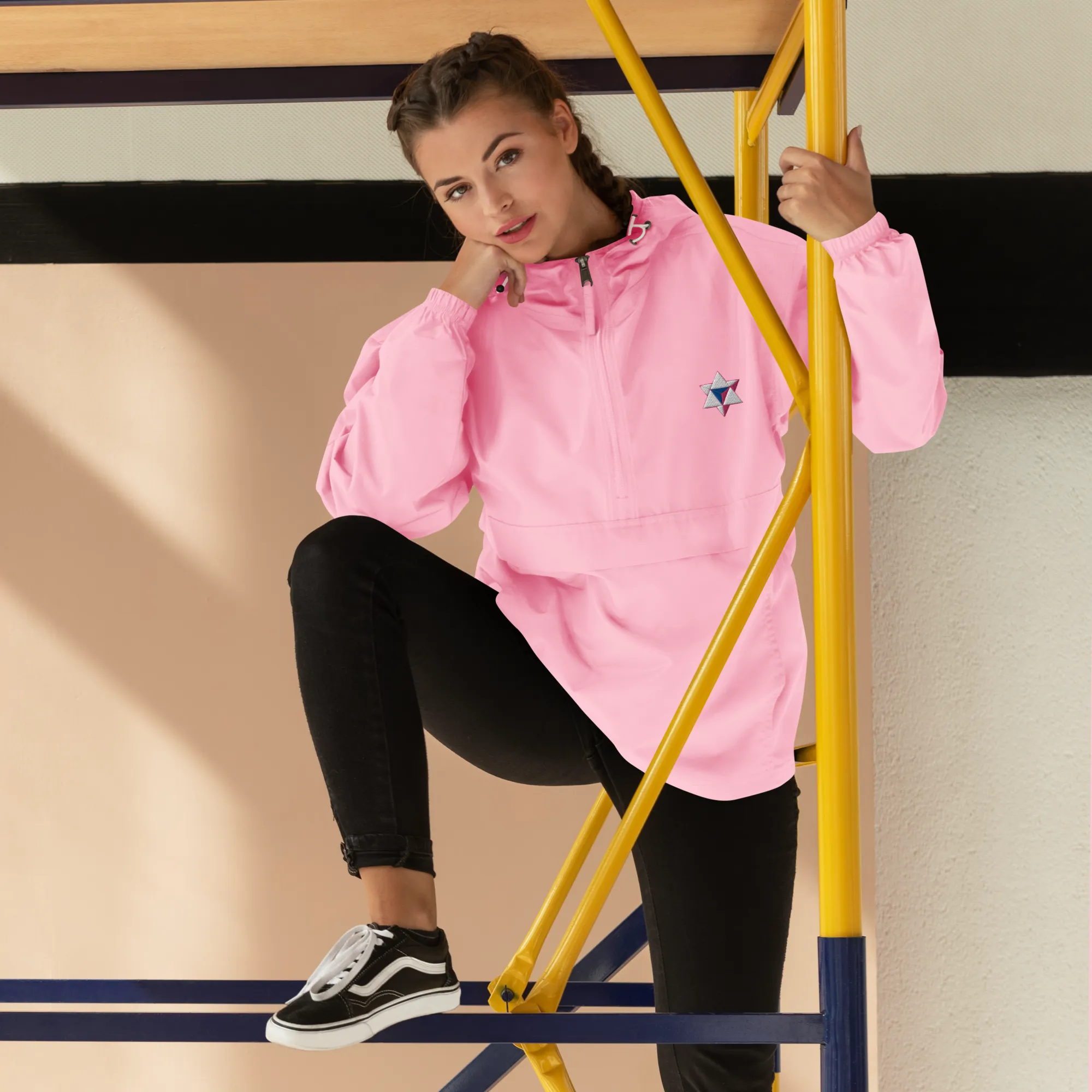 Unisex ALI3N x Champion Packable Jacket White/Royal/Flamingo Logo